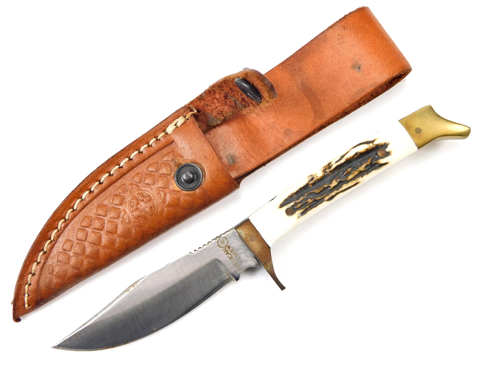 Vintage Custom Handmade American Hunter Small Hunting Knife w/ Sheath: Vintage Custom Handmade in Pakistan American Hunter Small Hunting Knife with Leather Sheath. 7" long with 3 1/4" blade.