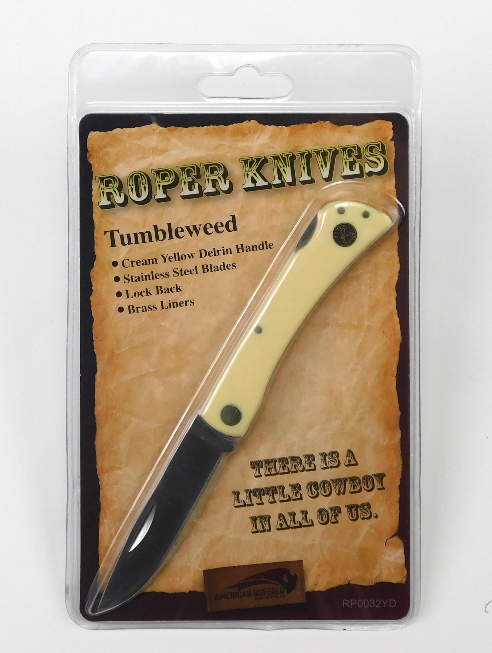 Roper Tumbleweed RP0032YD C Yellow Handle Lockback Pocket Knife: Roper Knives Tumbleweed lockback folding pocket knife, model RP0032YD C, featuring a traditional cowboy style design.Single stainless steel blade with nail nick and lockback mechanism. Smooth cream ye