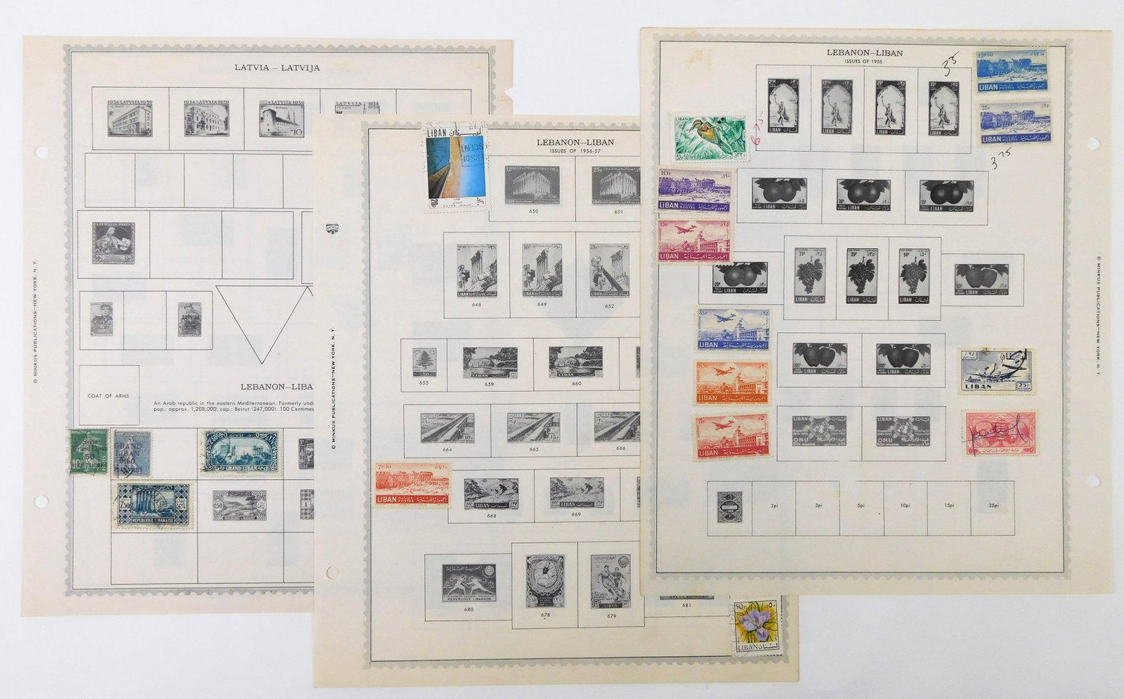 Vintage Minkus Stamp Album Pages Lebanon Liban Latvia Latvija French Mandate Stamps (1 of 4)
