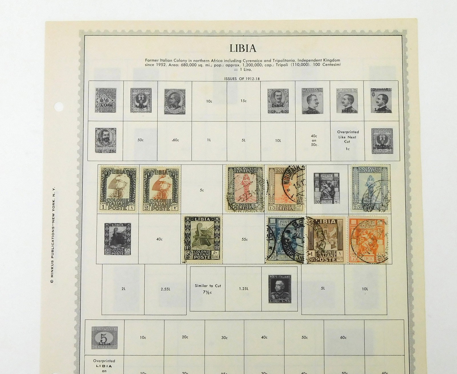 Italian Libya Libia Colonial Stamp Collection 1912-1918 Overprints Minkus Page: In-house shipping. Vintage Italian Libya (Libia) colonial postage stamp collection arranged on an original Minkus album page, primarily covering issues beginning in the 1912–1918 period. The pag