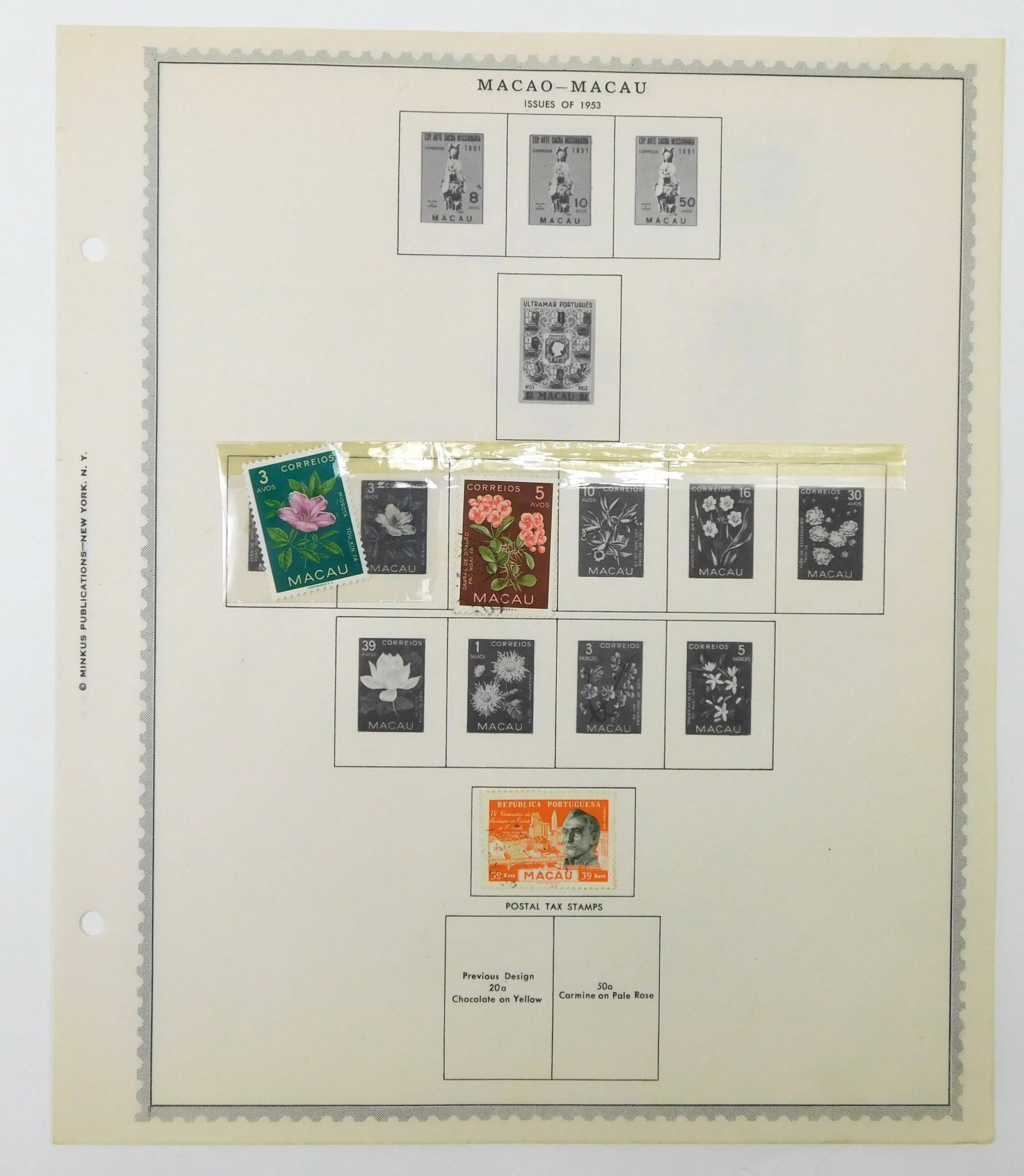 Macau Macao Portuguese Colony Stamp Collection 1950s Mint Used Minkus Pages: In-house shipping.Small vintage Macau (Macao) postage stamp collection from the Portuguese colonial period, mounted on two original Minkus album pages. The group contains approximately 14 stamps, with