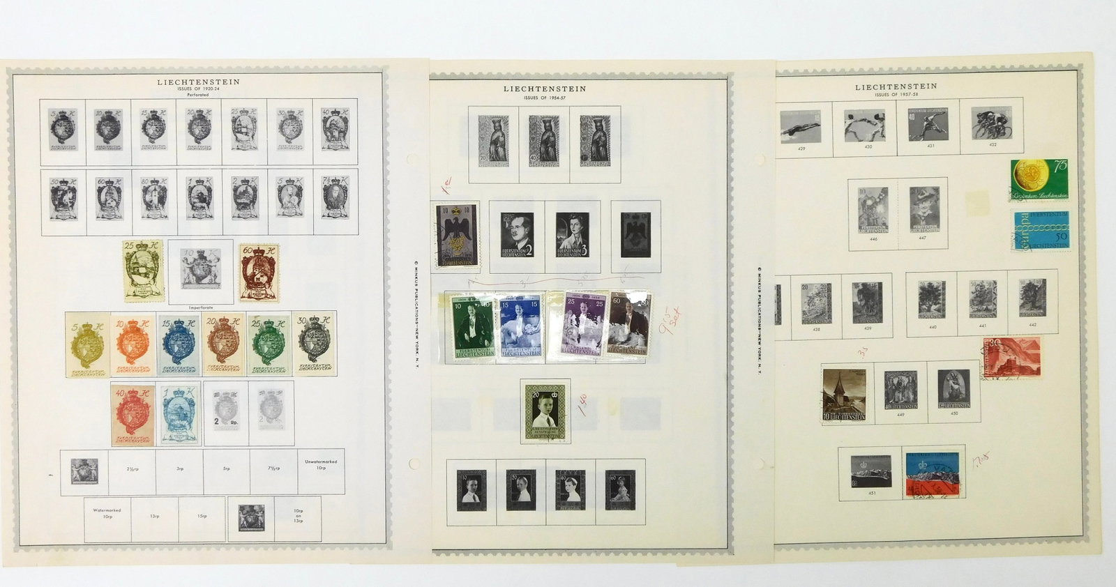 Liechtenstein Stamp Collection 1920s-1950s Coat of Arms Madonna Prince Europa Minkus: In-house shipping.Vintage Liechtenstein postage stamp collection mounted on original Minkus album pages, with issues ranging primarily from the 1920s through the 1950s.The collection includes early Co