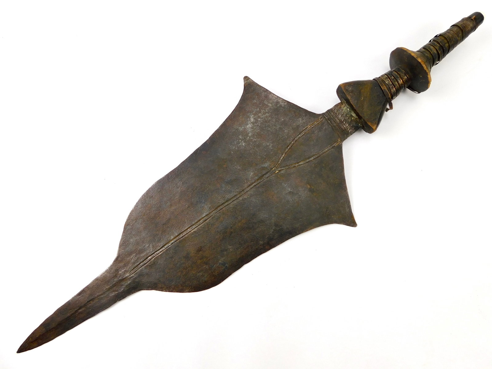 Antique 19 Century African Africa Large & Heavy Short Sword Knife: Antique 19 Century African Large & Heavy Short Sword. No sheath. The wood handle is solid, metal wire is loose. 24 1/2" long with 16 1/2" blade.