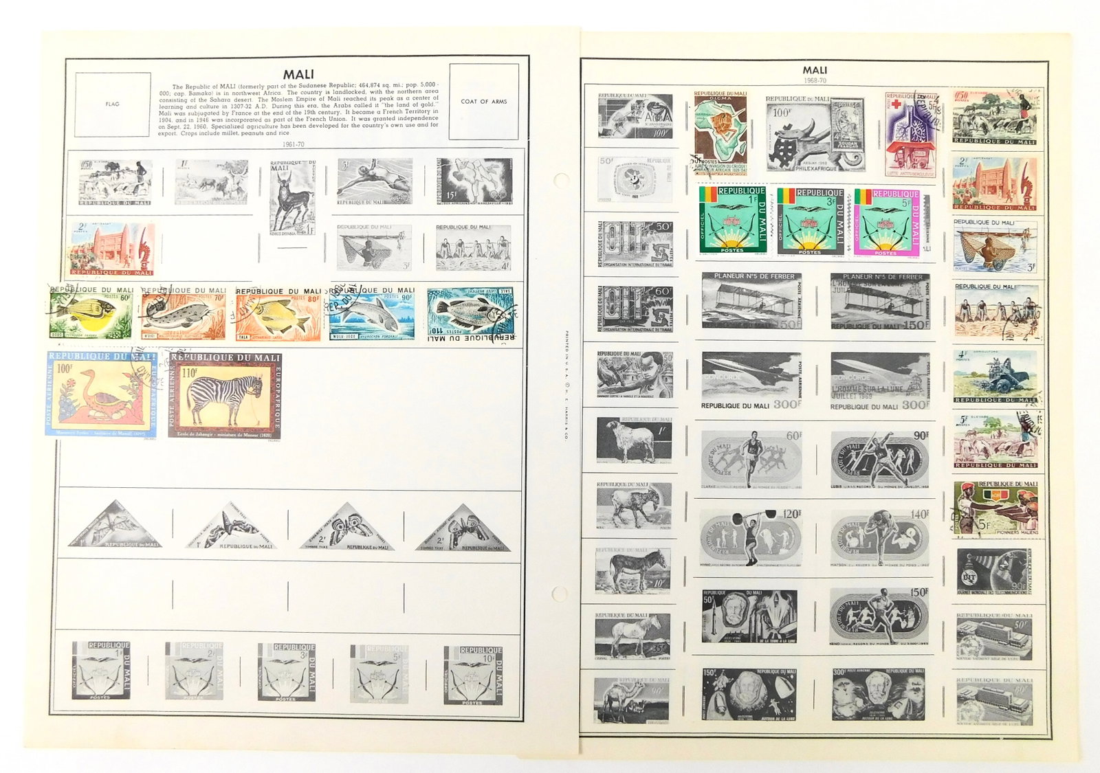 Mali Stamp Collection 1961-1970 Fish Wildlife Aviation Sports Space Apollo Album Pages: In House Shipping.Vintage Republic of Mali postage stamp collection from the 1960s, mounted on two vintage album pages. Includes a colorful assortment of early post-independence issues covering wildli