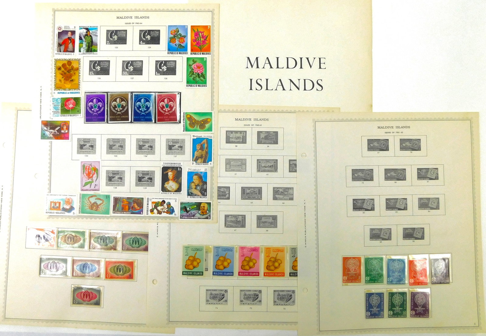 Maldive Islands Stamp Collection 1960s Space Scouts Art Flowers Malaria Minkus: In House Shipping.Vintage Maldive Islands postage stamp collection mounted on three vintage Minkus album pages. Includes a colorful assortment of 1960s issues with World Scout Jamboree stamps, World H