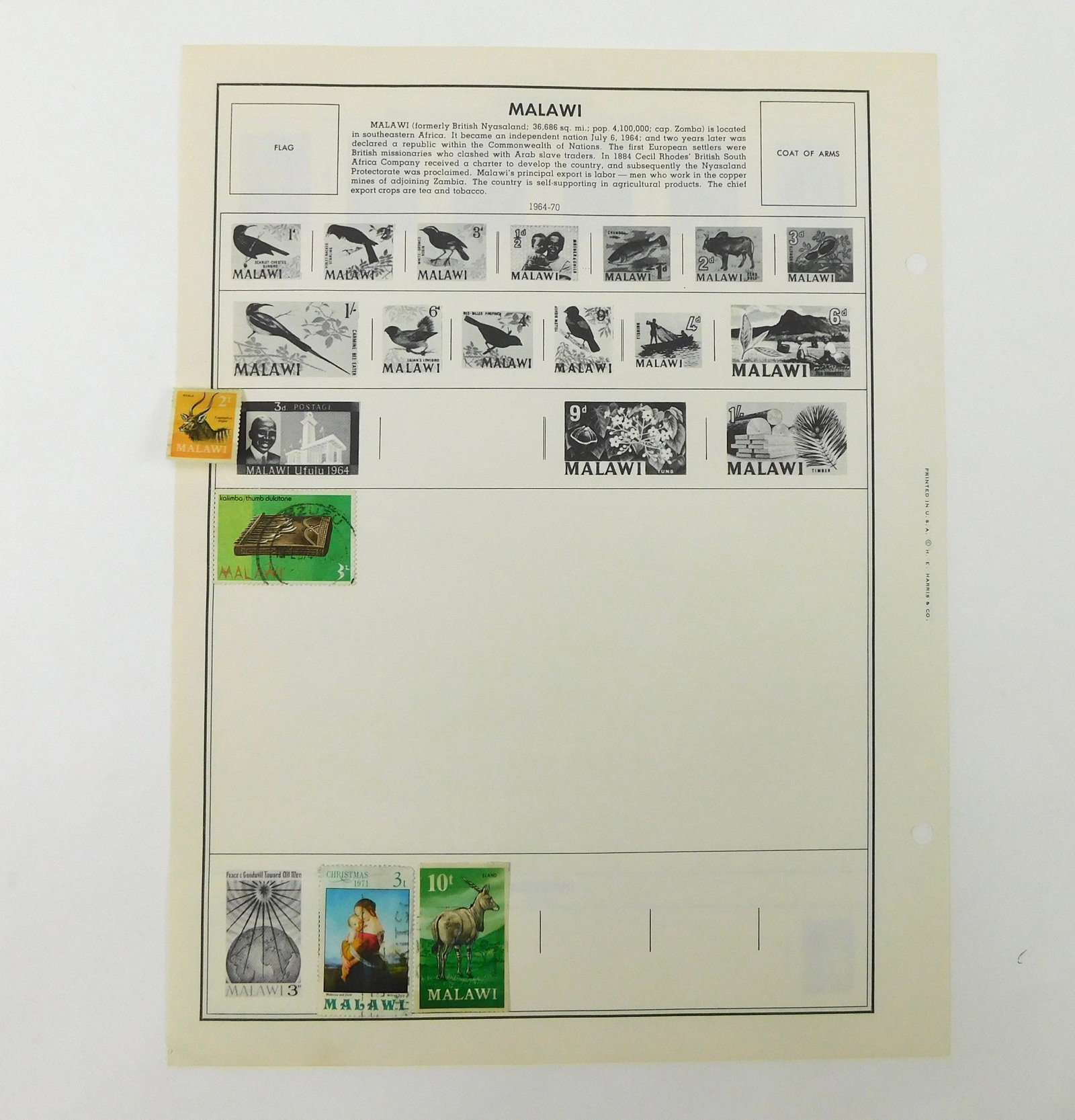 Malawi Stamp Collection 1964-1971 Independence Ufulu Wildlife Christmas: In House Shipping.Vintage Malawi postage stamp collection mounted on a vintage Minkus album page, primarily representing the early post-independence period. Includes a 1964 Ufulu independence commemor