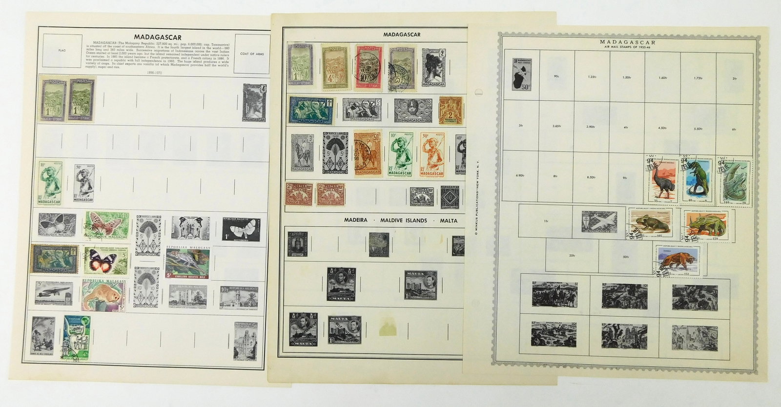 Madagascar Malagasy Republic Stamp Collection French Colonial Airmail Wildlife: In House Shipping.Vintage Madagascar and Malagasy Republic postage stamp collection mounted on several vintage Minkus album pages. Collection spans the French colonial period through later Malagasy Re