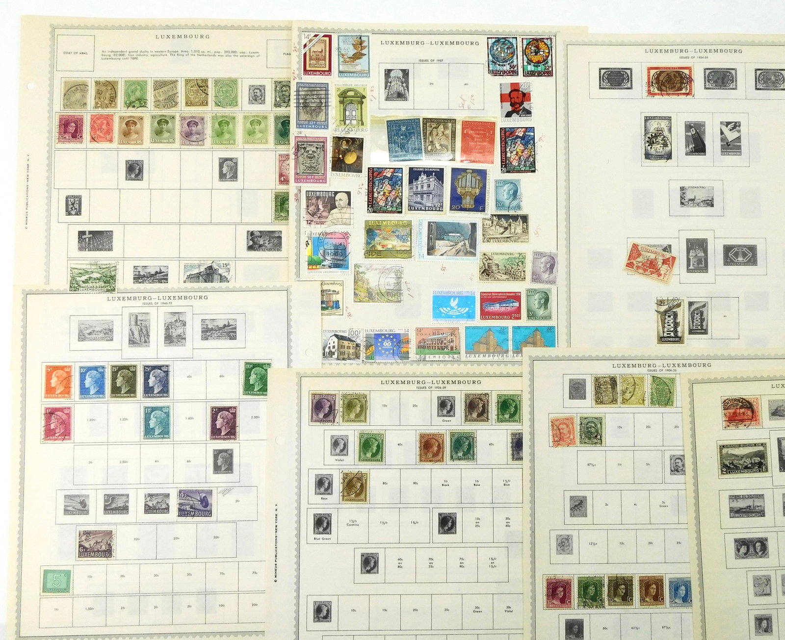 Luxembourg Stamp Collection Classic to Modern Grand Duchess Charlotte Europa Mint Used: Collection of Luxembourg postage stamps arranged on vintage Minkus album pages, with issues ranging from early classic stamps through later 20th-century commemoratives. Includes early Luxembourg defin