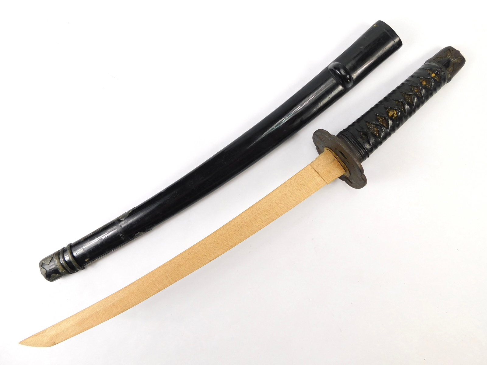 Antique Japanese Japan Wakizashi Short Sword Mounts Parts Handle Tsuba Koshirae Wood Blade: Antique Japanese Wakizashi Sword Mounts with Scabbard and Koshirae Wooden Blade. 21 1/4" long with 14 1/2" blade.