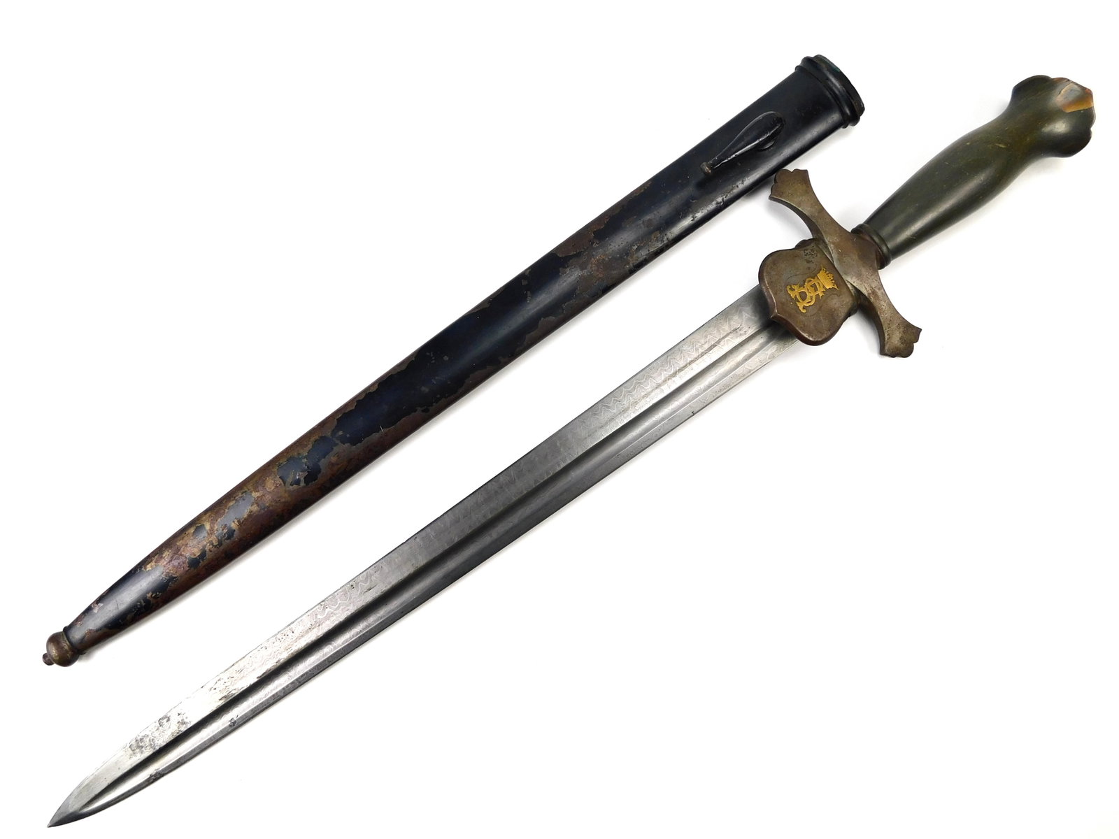 Antique 19 Century French France Damascus Hunting Dagger Short Sword w/ Scabbard (1 of 19)