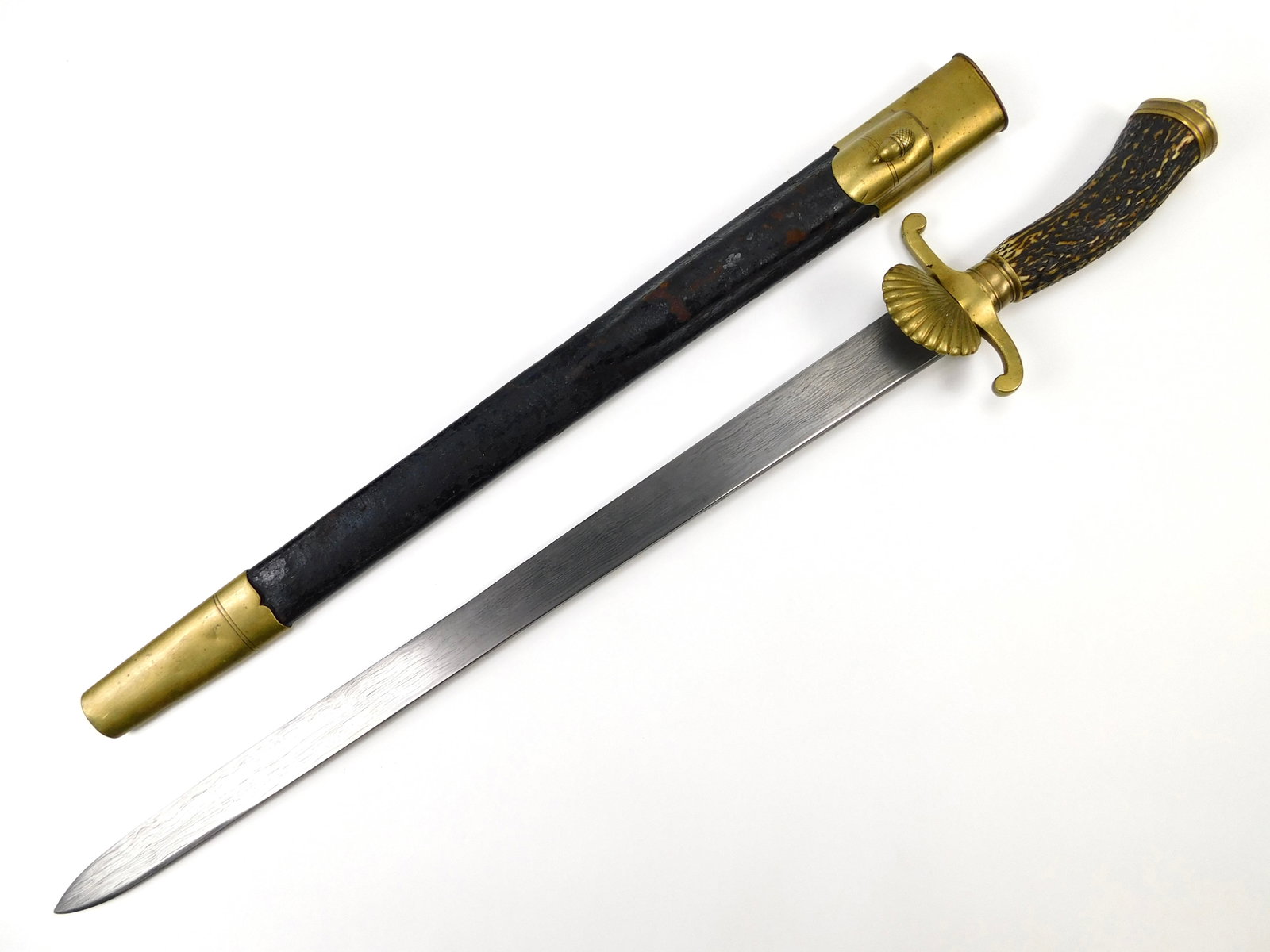 Antique Germany German 19 Century Damascus Blade Hunting Dagger Short Sword: German 19 Century Damascus Blade Hunting Dagger with Scabbard. Solid, no loose parts. 25 1/8" total length. Blade is 19 5/8".