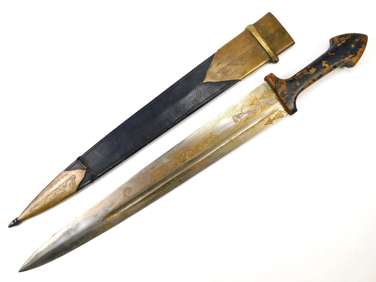 Antique Vintage Russian Style Large Gold Engraved Kindjal Short Sword w/ Scabbard: Antique Russian Style Large Gold Engraved Kindjal with scabbard. Wood handle grips have a bit of movement. 25 5/8" total length. The blade is 19 3/4".