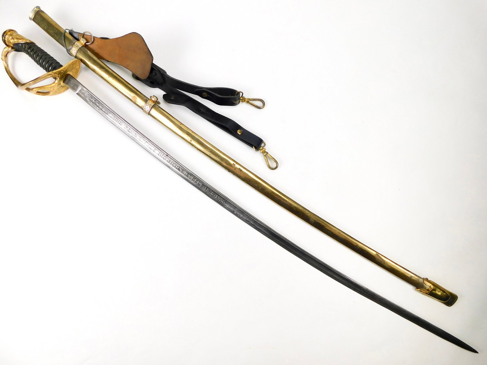 Vintage US M1872 Commemorative Presentation Engraved Damascus Officer's Sword: Vintage 1986 US Model 1872 110th Year Little Big Horn Battle Commemorative Presentation Engraved Damascus Blade Officer's Sword with Scabbard and Hangers. Solid, no loose parts. 39 1/2" total length. 