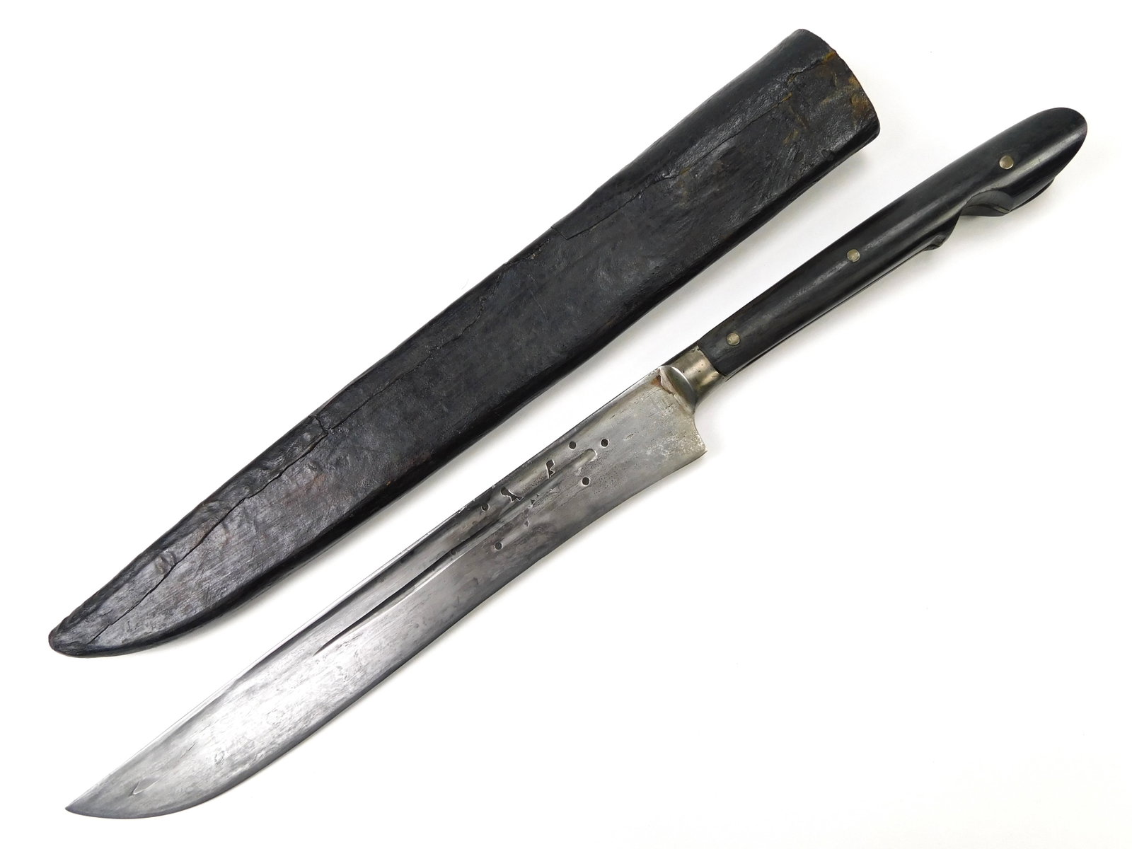 Antique Turkish Turkey Greek 19 Century Damascus Kindjal Dagger Knife: Turkish or Greek 19 Century Kinjal with Leather Sheath. Damascus blade. 13 3/4" total length. Blade is 8 5/8". Knife is solid.