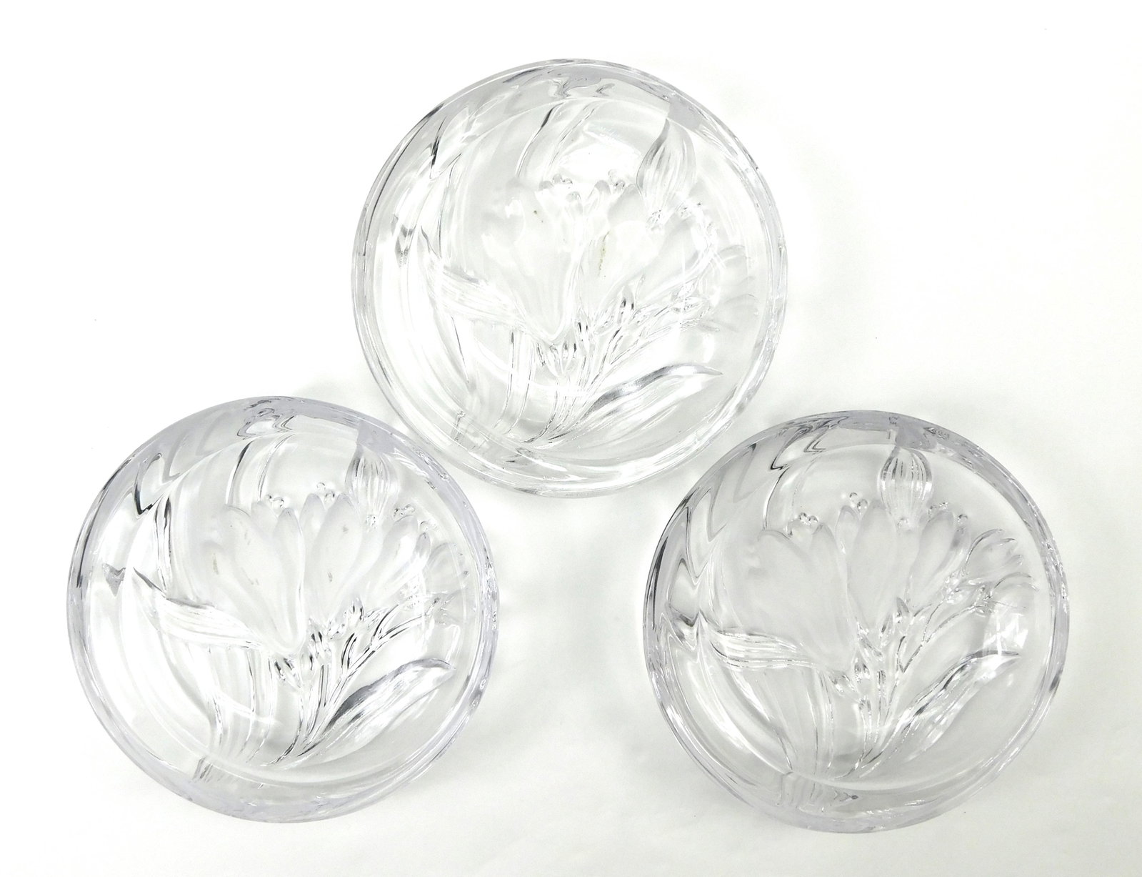 Set of three Vintage Mikasa Parisian Crystal Candy Dish Frosted Floral Bowl Germany 5.25": In House Shipping. Set of three vintage Mikasa crystal round candy or trinket bowls in the Parisian pattern, featuring clear polished rims with frosted floral designs across the undersides. Made in Ge
