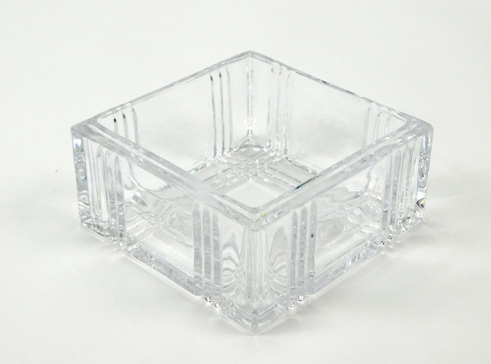 Ralph Lauren Leigh Crystal Plaid Square Box Base Heavy Cut Glass 4.75": In House Shipping. Ralph Lauren heavy clear crystal square box base in the Leigh pattern, featuring a deeply cut plaid or tartan-style geometric grid design. Measures approximately 4.75 inches square 