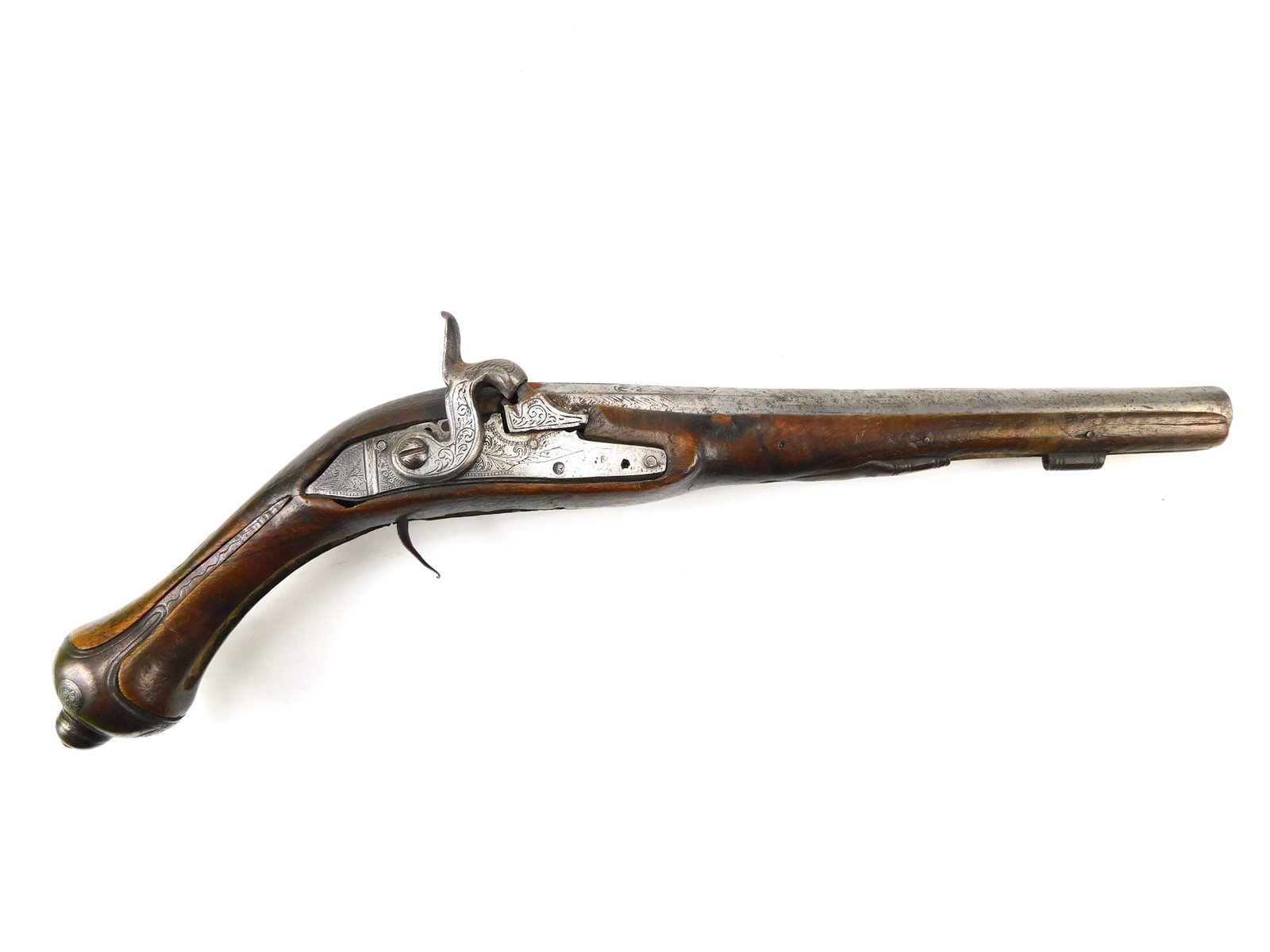 Antique 18-19 Century Middle East Islamic Arabic Turkish Percussion Engraved Pistol: Antique Middle East Percussion Engraved Pistol. Action works but not properly. Marked with letters. One metal part is missing, pictured. FFL is now required to ship antique guns to New York and New Je
