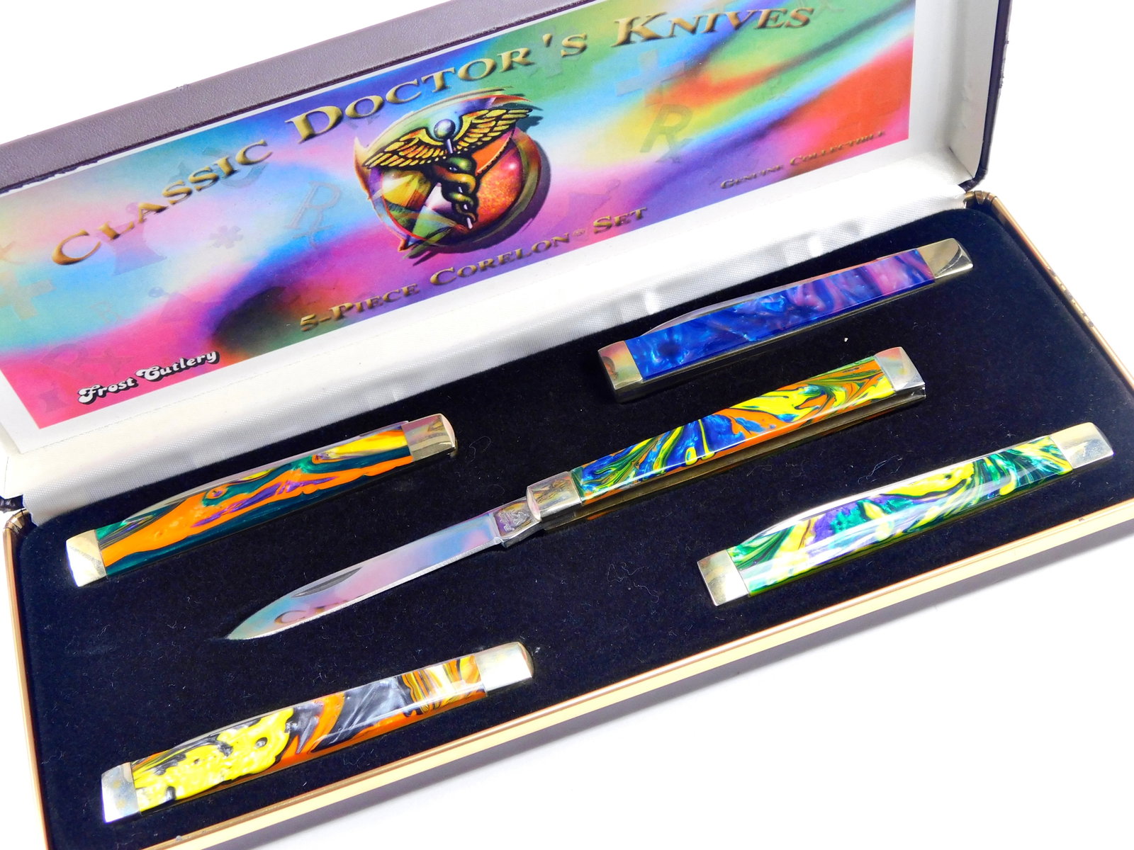 Germany German Frost Cutlery Classic Doctor's Set of 5 Folding Pocket Knife: Vintage German Frost Cutlery Classic Doctor's Set of 5 Folding Pocket Knives with Box. Blades snap, no wobble. Measurements are pictured.