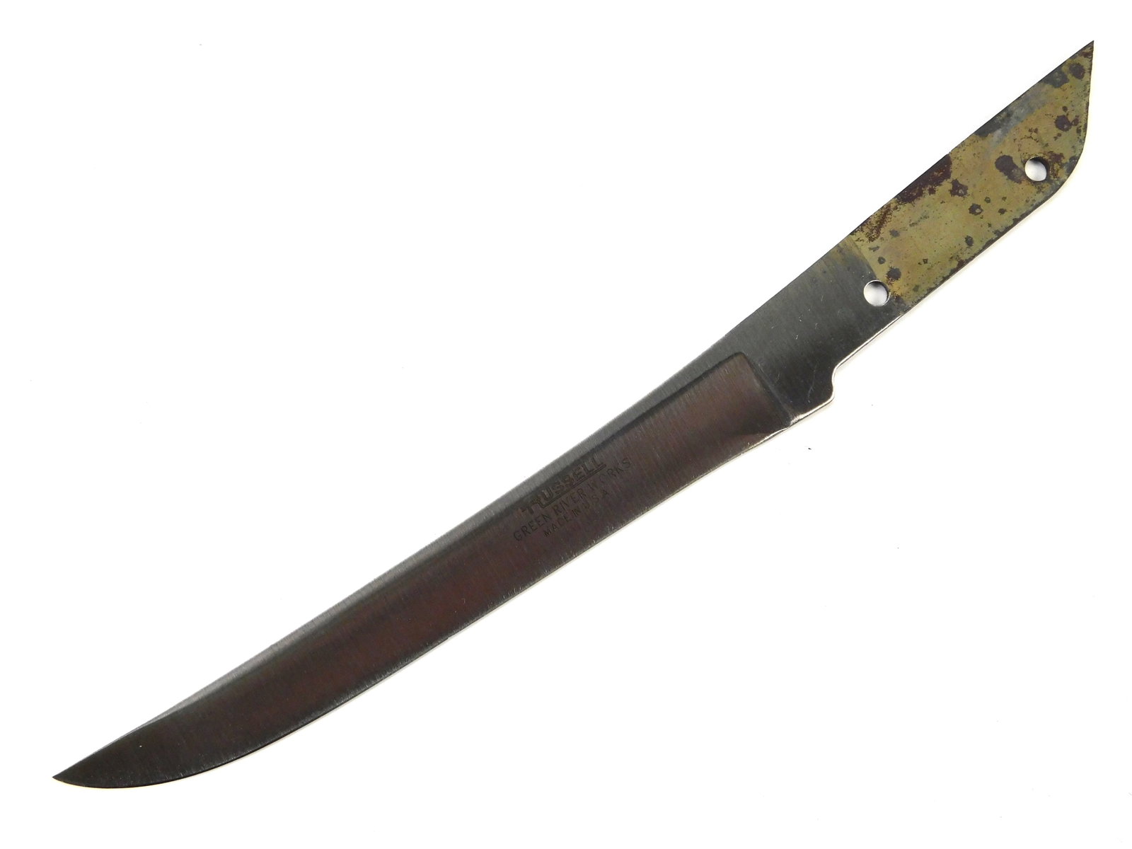 Vintage US Russell Green River Works Knife Blade Blank: Vintage US Made Russell Green River Works Knife Blade Blank. Measurements are pictured.