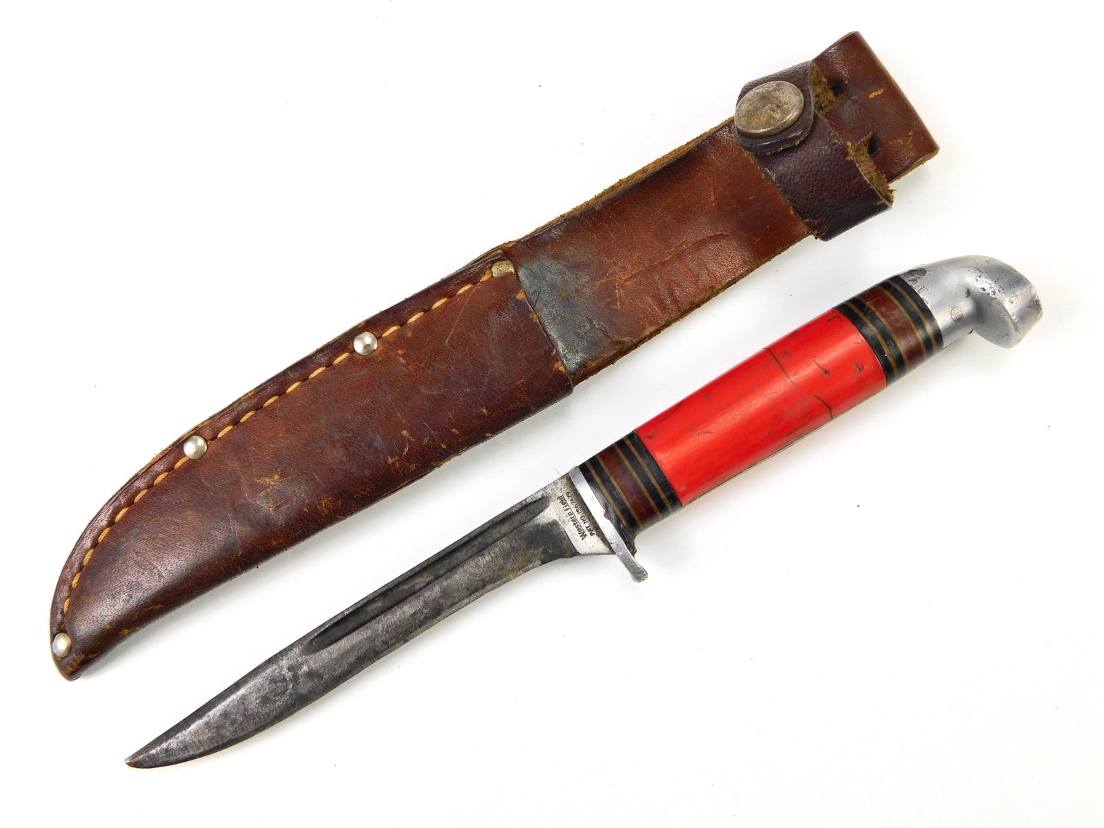 Antique US 1920-30 Western Field Patent No 1967479 Red Handle Knife w/ Sheath (1 of 16)