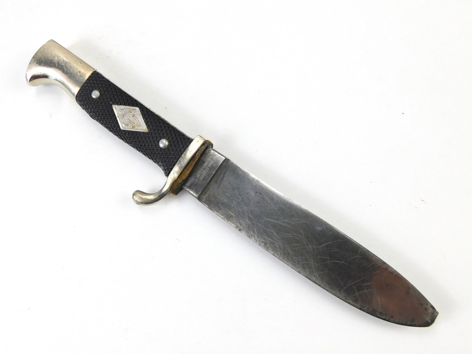 Vintage 1950-60 German Germany Solingen Boy Scout Boot Knife: Vintage 1950-60 German Boy Scout Boot Knife. No sheath. The blade is a tiny bit loose inside the handle. Broken point of the blade. 9 1/2" long with a 5 3/8" blade.