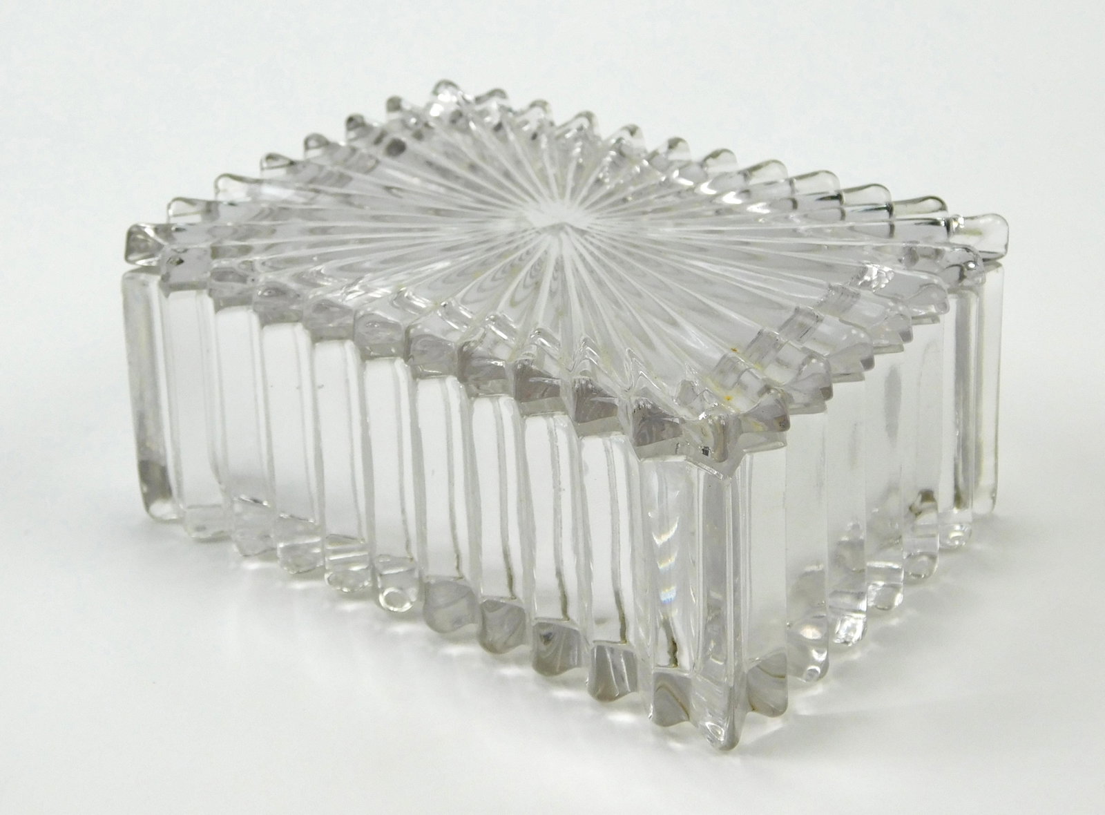 Vintage Heisey Clear Glass Covered Cigarette Box Diamond H Fluted Trinket Dish (1 of 9)