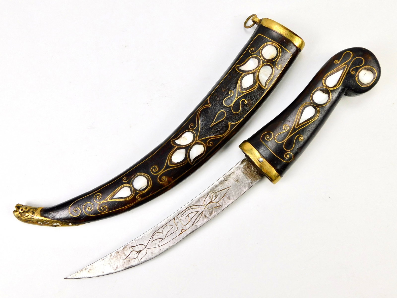 Vintage Middle East Jambia Fighting Knife w/ Scabbard: Vintage Middle Eastern Jambia Fighting Knife with Scabbard. Solid. Wood handle and scabbard decorated with mother-of-pearl inserts. 18 7/8" long with an 8 1/4" blade.