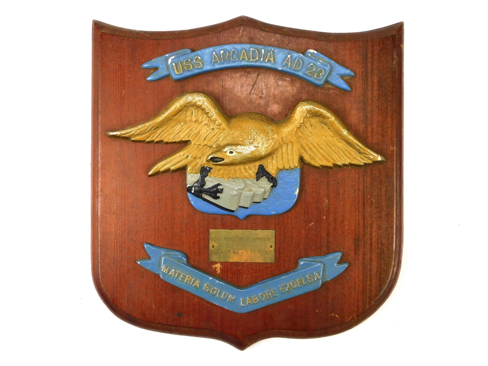 Vintage US Military Wall Plaque Wood Eagle 1960's USS Arcadia AD 23 (1 of 8)