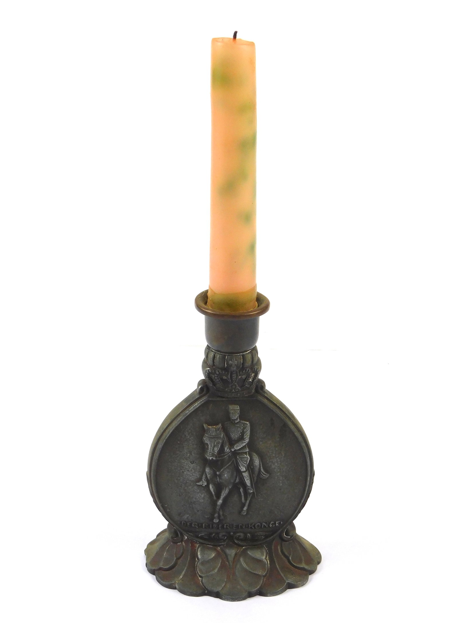 Vintage Antique Norway 1870-1945 Eneret CJ Silver Pewter Candle Holder Der Rider: Vintage Made In Norway 1870-1945 Eneret CJ Silver Tone Pewter Candle Holder "Der Rider En Konge"