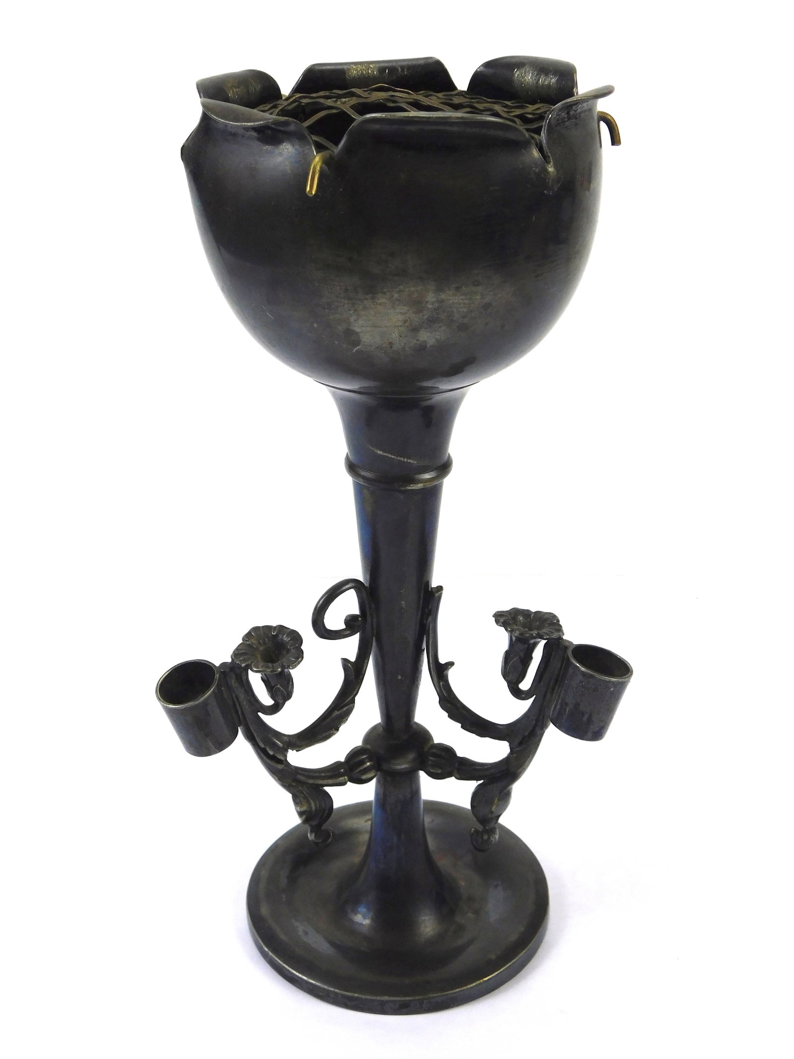 Antique British 1884-90 Richard Richardson Sheffield Silver Tulip Candle Holder: Antique British 1884-90 Richard Richardson Sheffield Silver Electroplated Tulip Candle Holder. Has some dents and missing parts, please see pictures. The lattice on top is not original, has been added