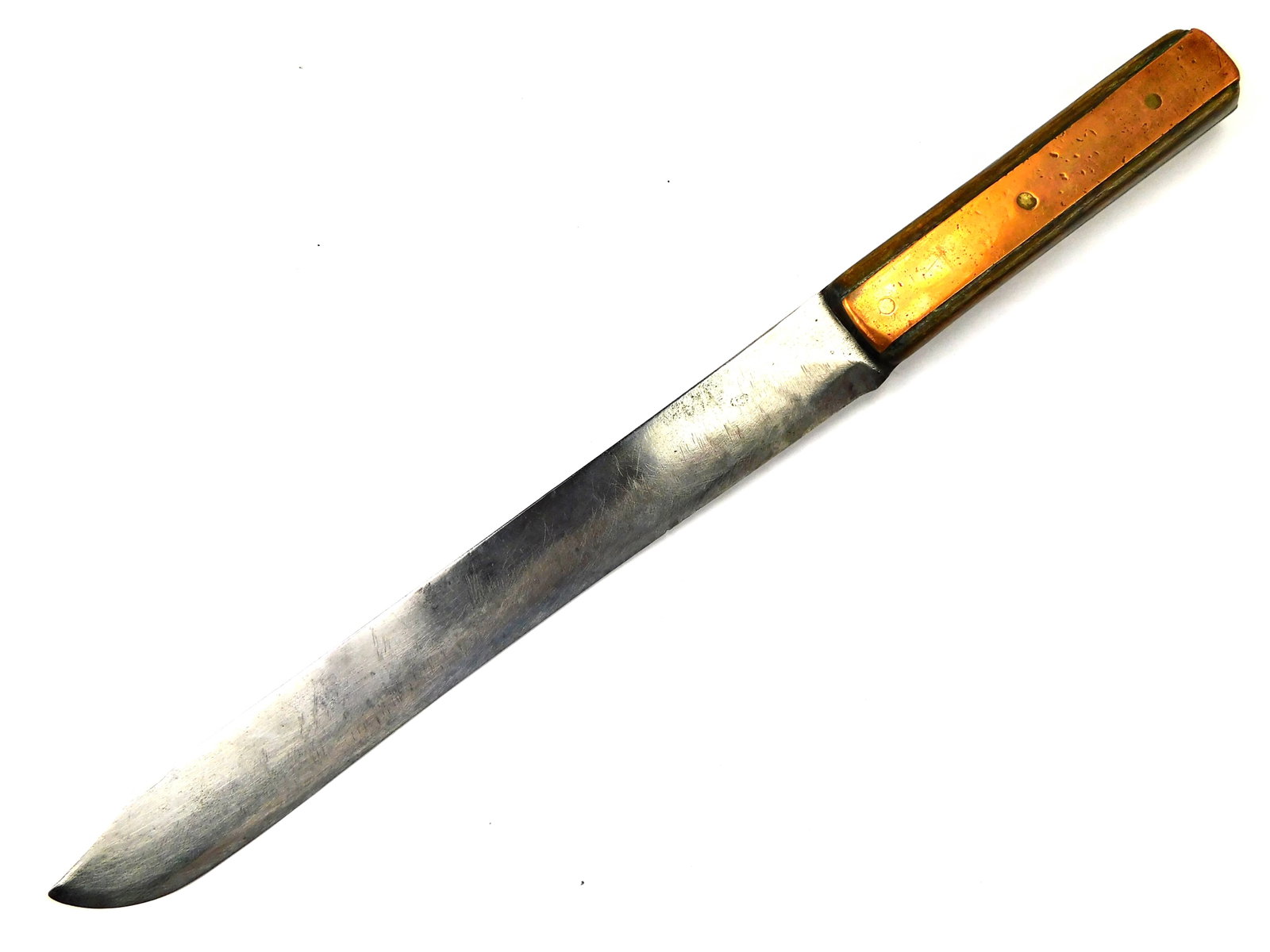 Antique US Custom Made Handmade Copper Handle Huge Knife: Antique US Custom Handmade Copper Handle Huge Knife. No sheath. Solid. 14 1/2" long with 10 blade.