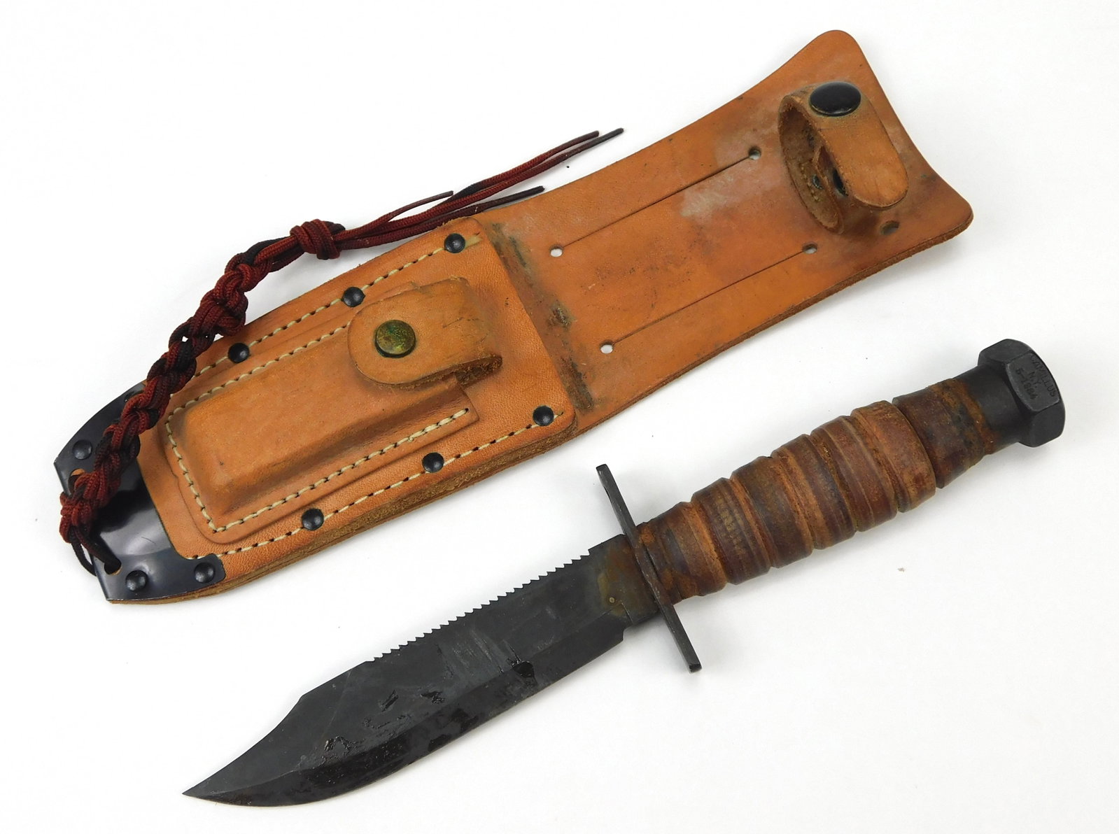 1984 Camillus N.Y. US Military Jet Pilot Survival Knife Sawback Blade Sheath: In House Shipping. Original 1984 Camillus U.S. military pilot survival knife with leather sheath. Features a 5 inch clip-point blade with dark finish and sawback spine, stacked leather washer handle, 