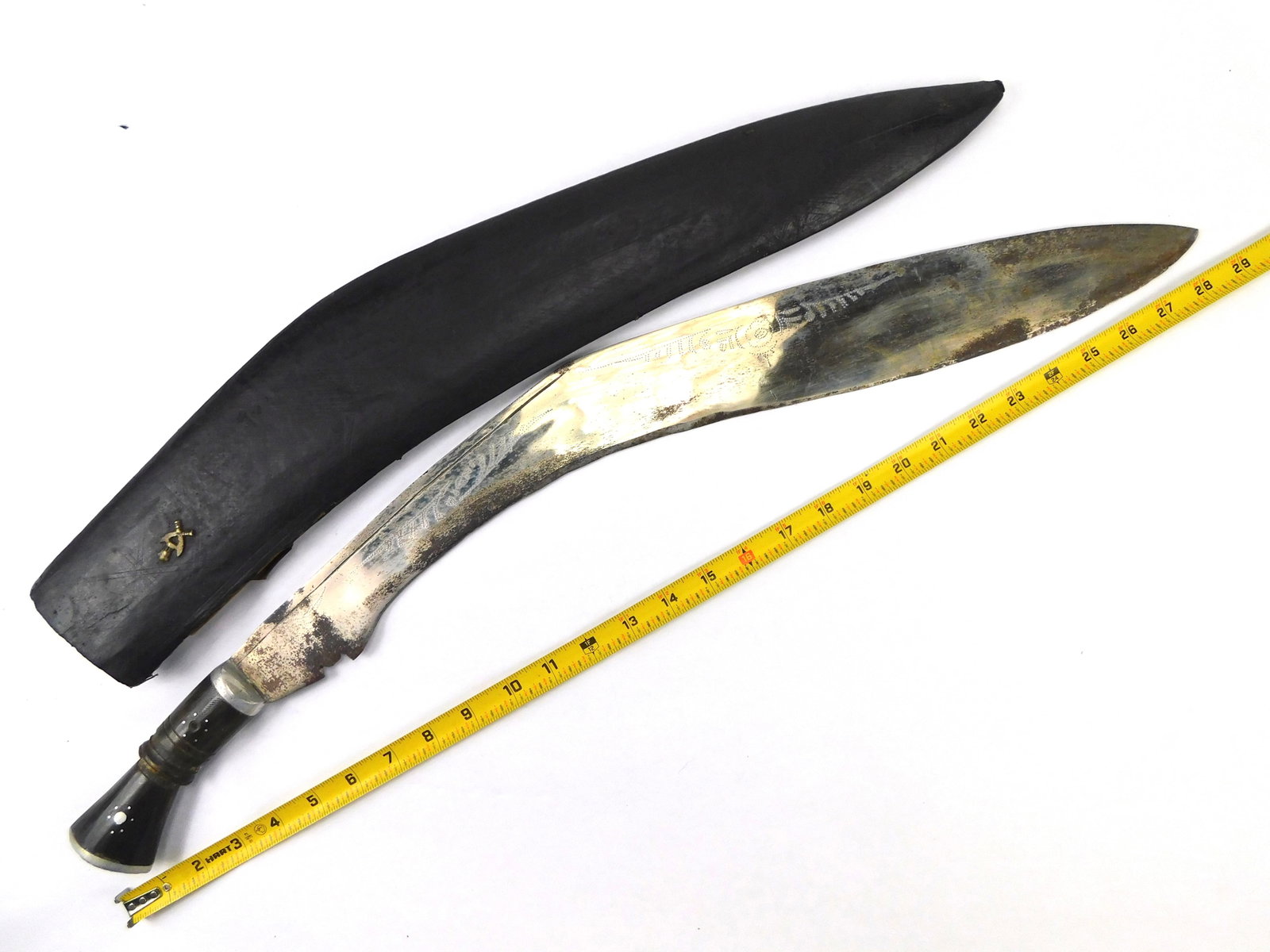 Vintage Indian India Oversized Lion Head Kukri Short Sword w/ Scabbard: Vintage Indian Oversized Lion Head Kukri Fighting Knife. With Scabbard. Solid. 28 3/8" long with a 23 1/2" blade.