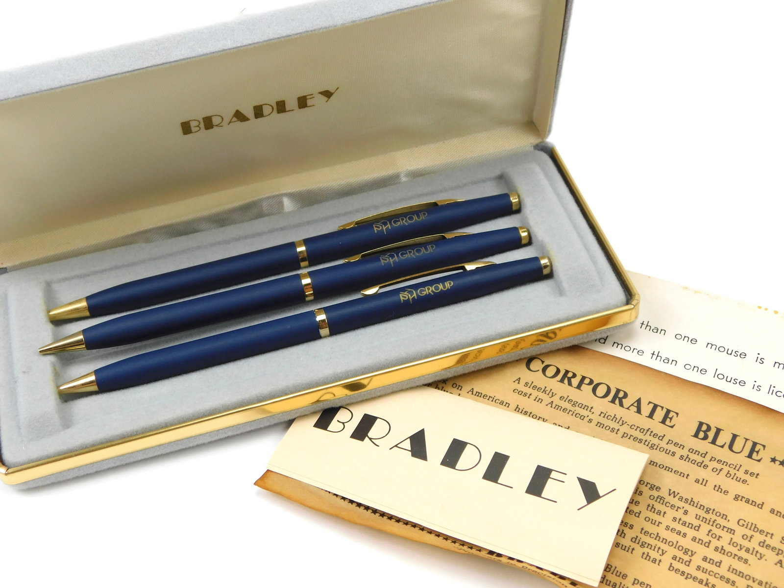 Vintage Bradley Corporate Blue 3-Piece Pen Pencil Set PH Group Original Box: In House Shipping. Vintage Bradley three-piece writing instrument gift set from the Corporate Blue collection, featuring navy blue finishes with gold-tone accents. Each piece is marked PH GROUP in gol