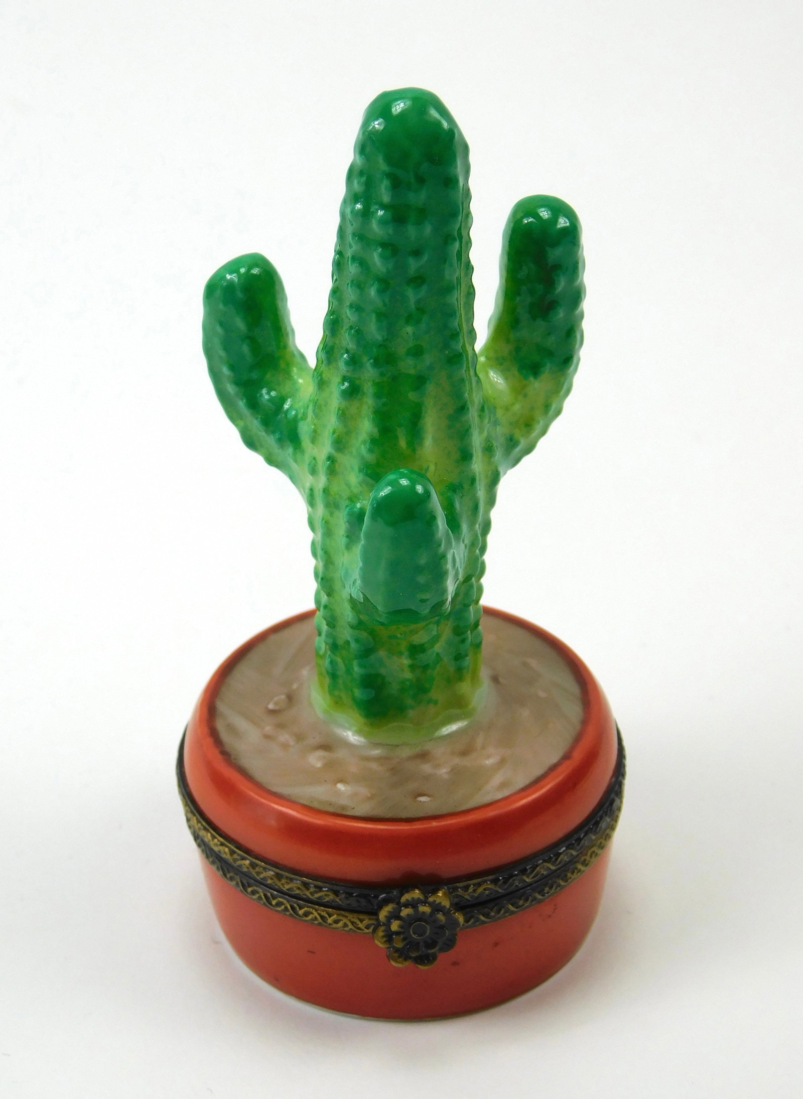 Limoges France Hand Painted Porcelain Saguaro Cactus Flower Pot Trinket Box: In House Shipping. Limoges France hand-painted porcelain figural trinket box designed as a green saguaro cactus in a terracotta-colored flower pot. Features decorative metal trim, hinged construction 