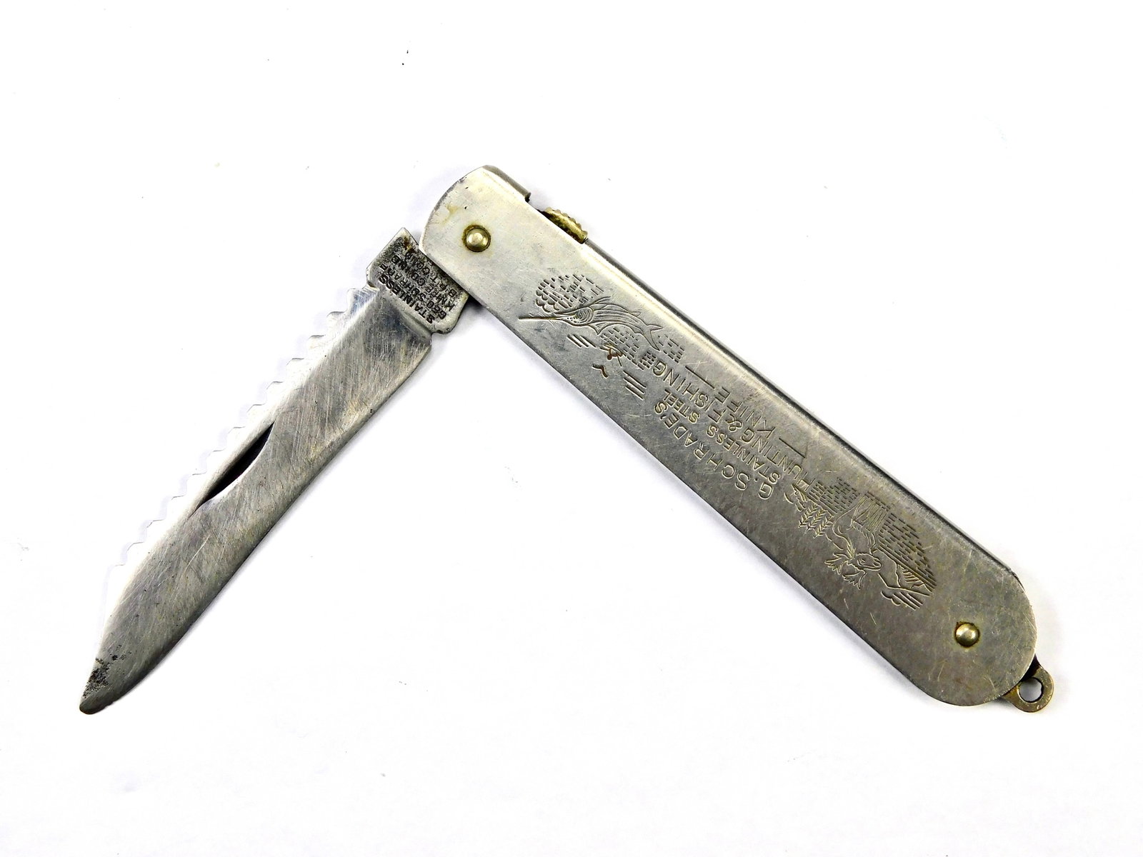 Vintage US Geo. Schrade Folding Pocket Hunting & Fishing Knife: US Geo. Schrade Folding Pocket Hunting & Fishing Knife. Measurements are pictured. Blade snaps, no wobble.