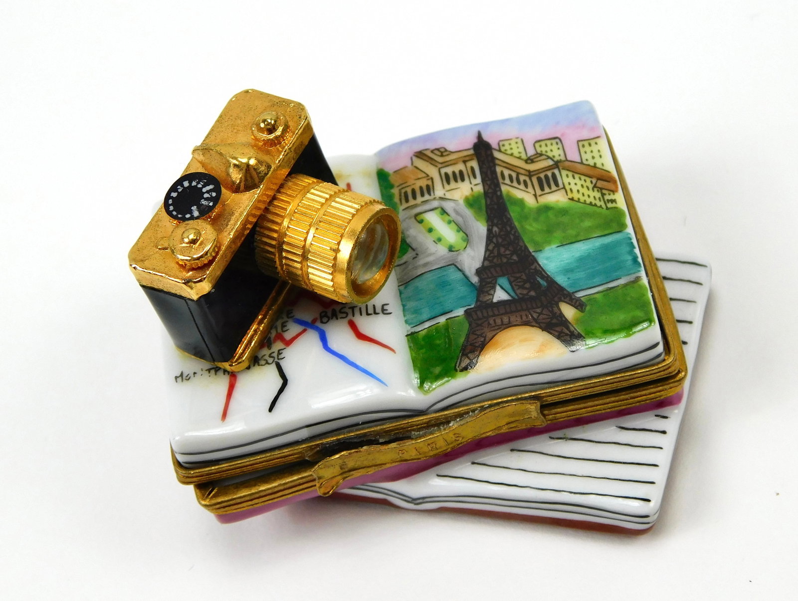 Limoges France Hand Painted Paris Travel Guide Book Camera Porcelain Trinket Box: In House Shipping. Limoges France hand-painted porcelain figural trinket box featuring a Paris travel theme with stacked books, an open Paris guide and a dimensional vintage-style camera on top. Detai