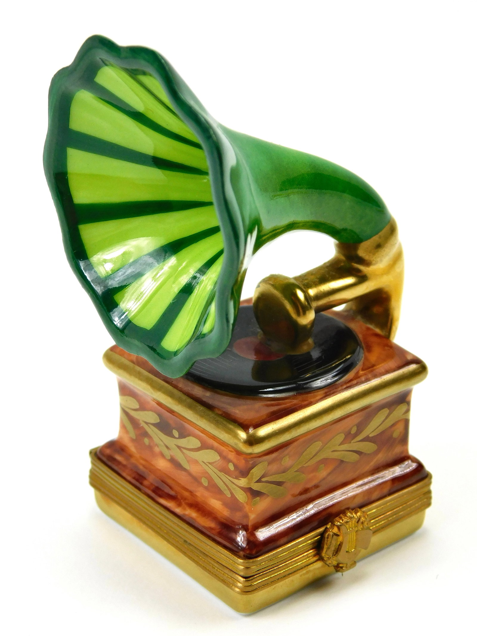 Limoges France Hand Painted Gramophone Phonograph Porcelain Trinket Box: In House Shipping. Limoges France hand-painted porcelain figural trinket box designed as an antique-style gramophone or phonograph. Features a square wood-grain decorated cabinet base with gold-tone d
