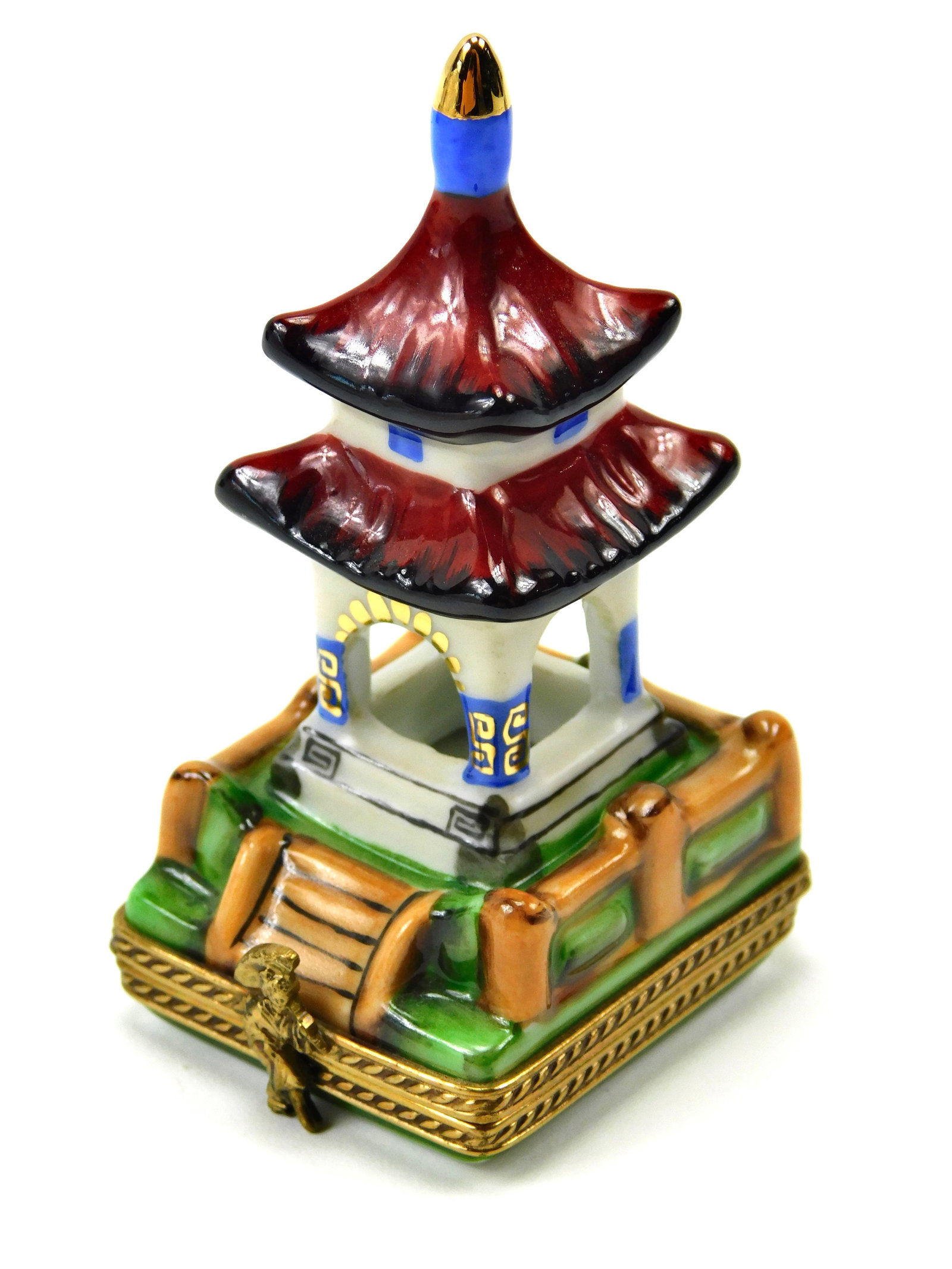 Limoges France French Home Peint Main Asian Pagoda Limited Edition Trinket Box 76/1500: In House Shipping. Limoges France hand-painted porcelain figural trinket box from the French Home collection, designed as a detailed multi-tiered Asian-style pagoda. Features red and black tiered roof