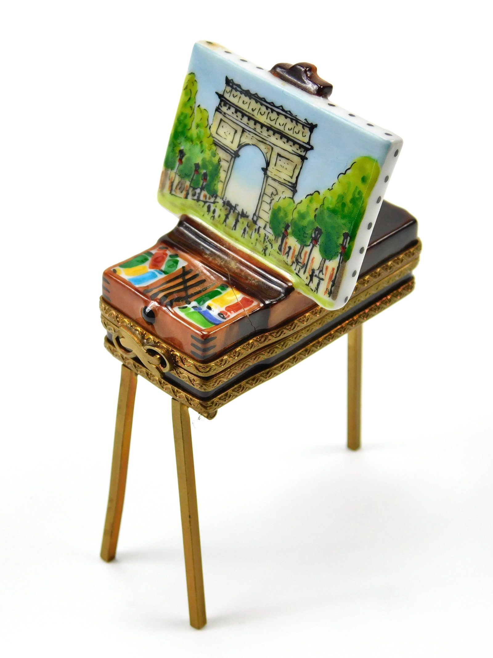 Rochard Limoges France Artist Easel Arc de Triomphe Porcelain Trinket Box As Is: In House Shipping. Rochard Limoges France hand-painted porcelain trinket box modeled as an artist's easel on slender metal tripod-style legs. The upright canvas features a painted Paris scene with the