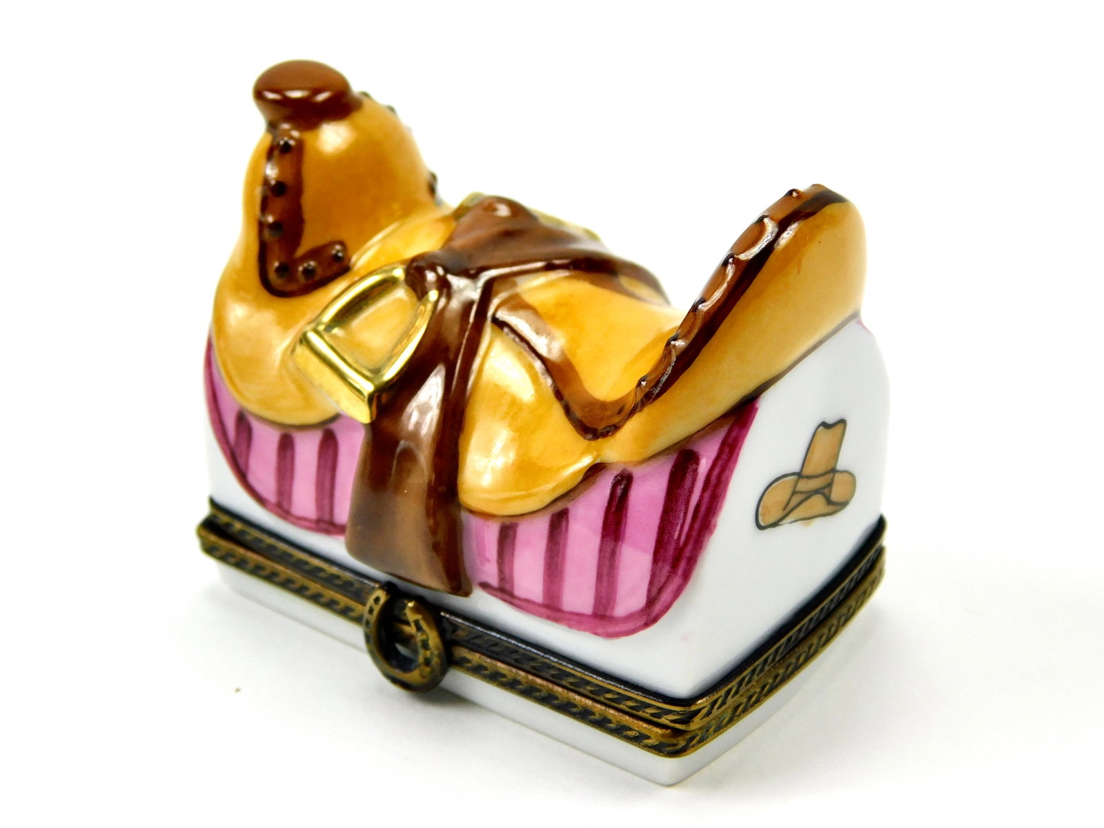 Limoges France Western Saddle Equestrian Porcelain Trinket Box Horseshoe Clasp: In House Shipping. Limoges France hand-painted porcelain trinket box featuring a dimensional Western-style equestrian saddle. The saddle is decorated in tan and brown tones with gold-tone stirrup and 