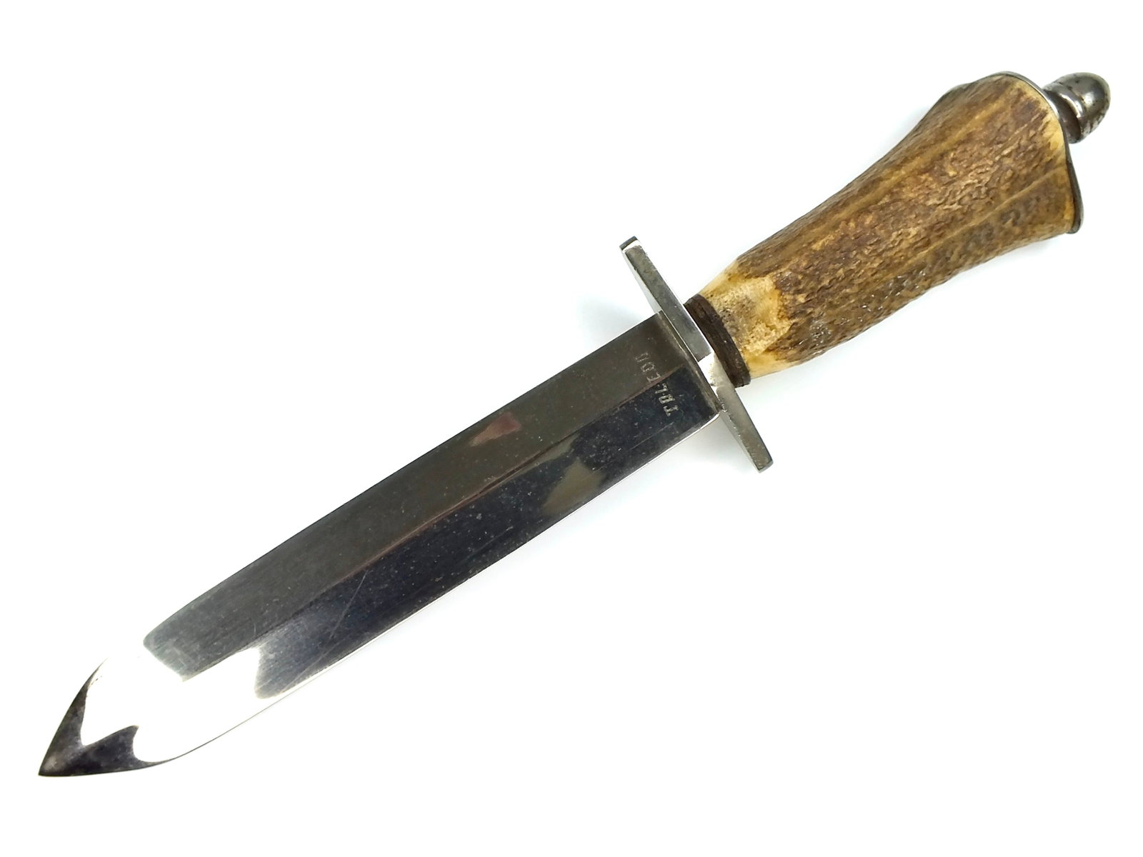 Vintage Spain Spanish Toledo Huge Stag Spear Point Blade Hunting Stiletto Knife: Vintage Spain Spanish Toledo Huge Stag Spear Point Blade Hunting Stiletto Knife. Stag handle. Measurements pictured. Conditions pictured.