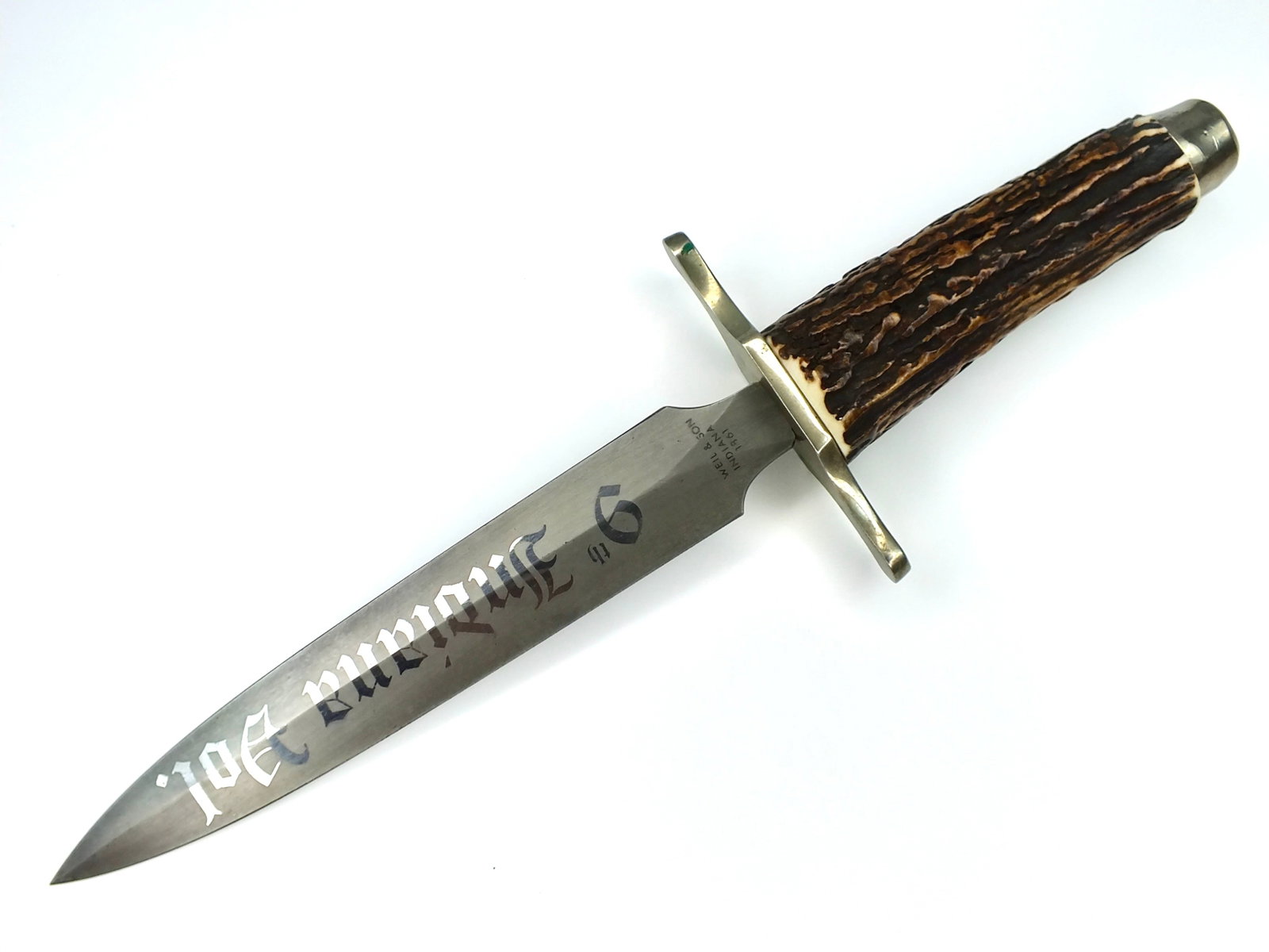 German Germany Stiletto Engraved Damascus Blade INDIANA Stag Fighting Knife (1 of 12)