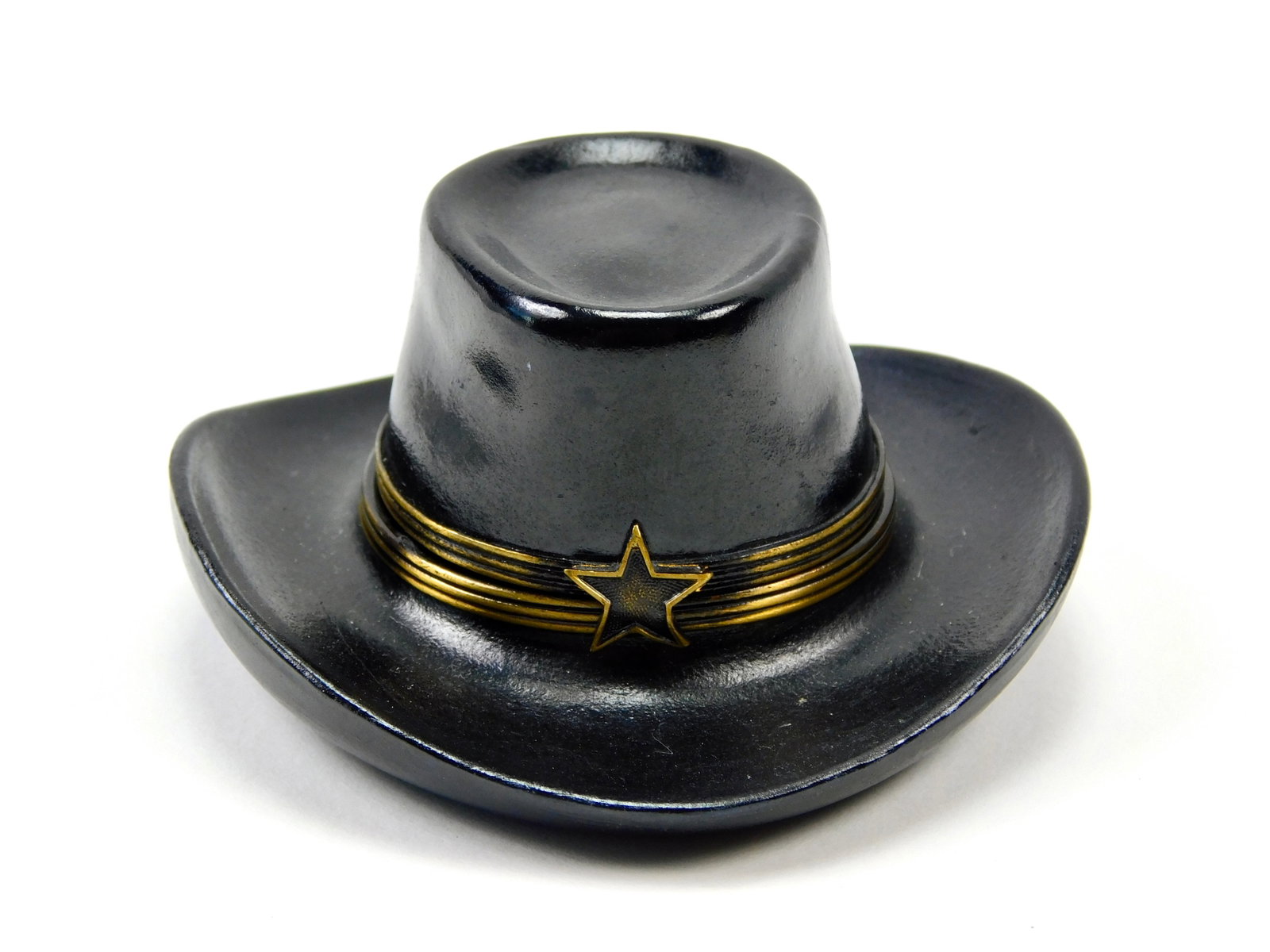Chamart Exclusif Limoges France Black Cowboy Hat Porcelain Trinket Box: In House Shipping. Chamart Exclusif Limoges France hand-painted porcelain trinket box modeled as a Western cowboy hat. The dimensional hat features a glossy black finish with gold-tone bands around th