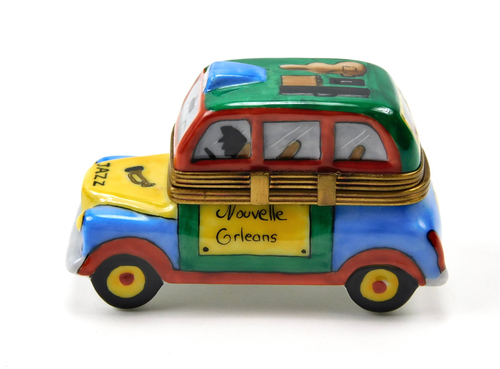 Limoges France New Orleans Jazz Car Porcelain Trinket Box Nouvelle Orleans: In House Shipping. Limoges France hand-painted porcelain trinket box modeled as a colorful vintage-style automobile with a New Orleans jazz theme. The dimensional car features blue, green, yellow and 