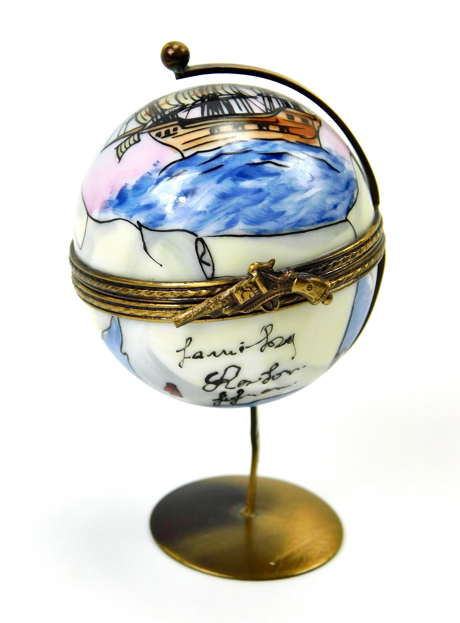 La Gloriette Limoges France Antique Map Globe Ship Porcelain Trinket Box Stand: In House Shipping. La Gloriette Limoges France hand-painted porcelain trinket box modeled as an old-world map globe mounted on a decorative antiqued gold-tone metal desk stand. The globe features a co