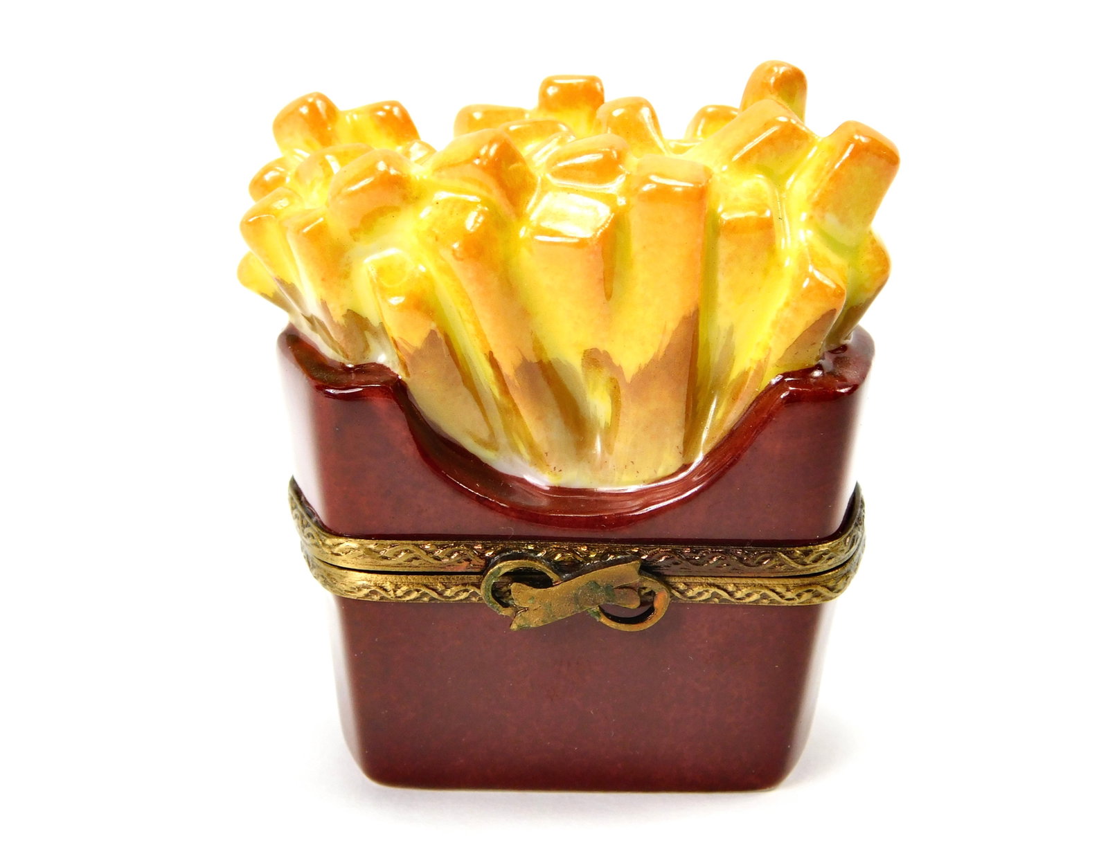 Limoges France French Fries Fast Food Porcelain Trinket Box: In House Shipping. Limoges France hand-painted porcelain trinket box modeled as a container of French fries. The dimensional design features golden-yellow fries with painted shading set inside a gloss