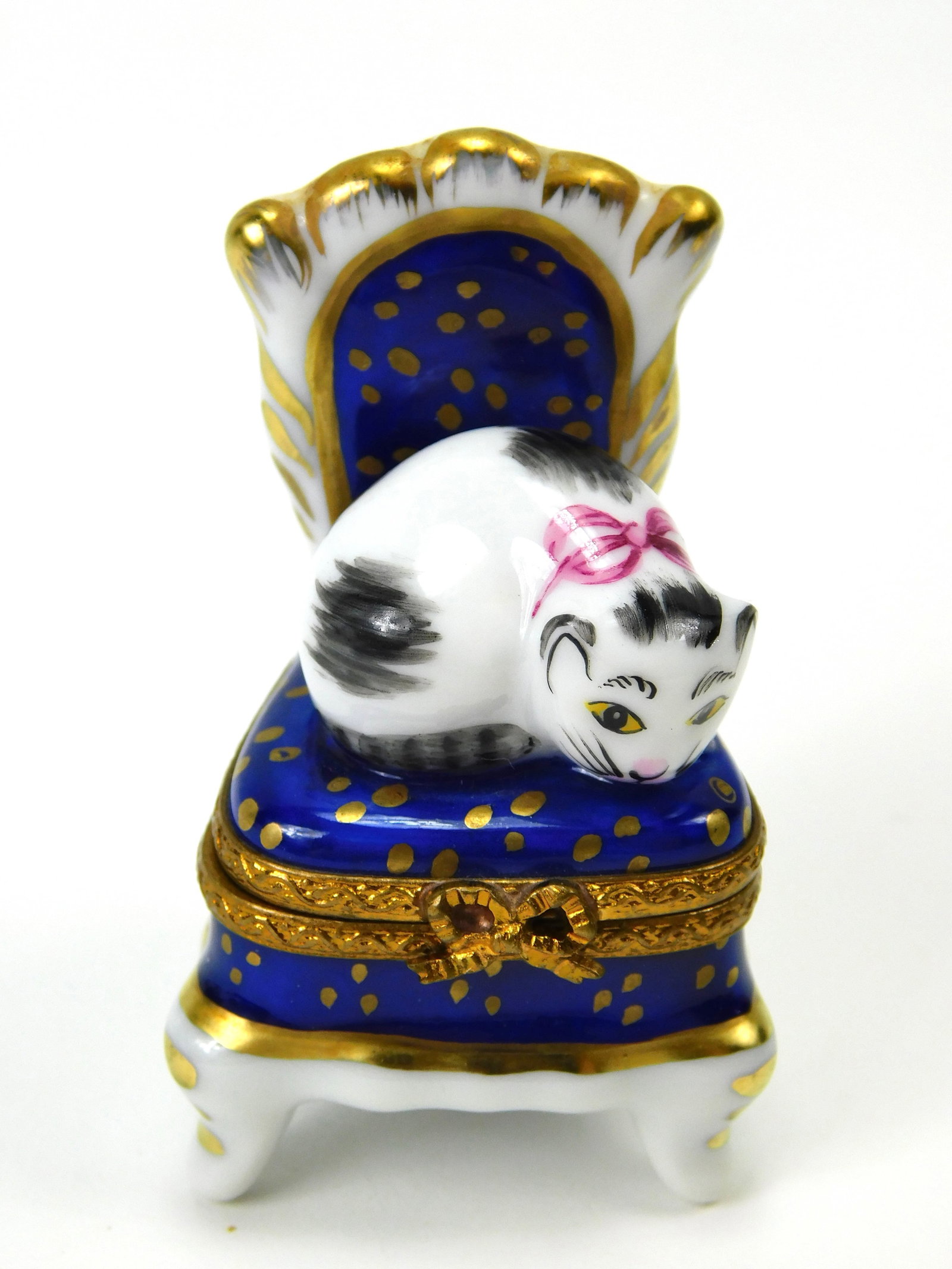 Art de Limoges Pierre Cat on Armchair Porcelain Trinket Box: In House Shipping. Art de Limoges France porcelain trinket box modeled as a high-backed armchair with a black and white sleeping cat resting on the seat. The chair is decorated in cobalt blue with gol