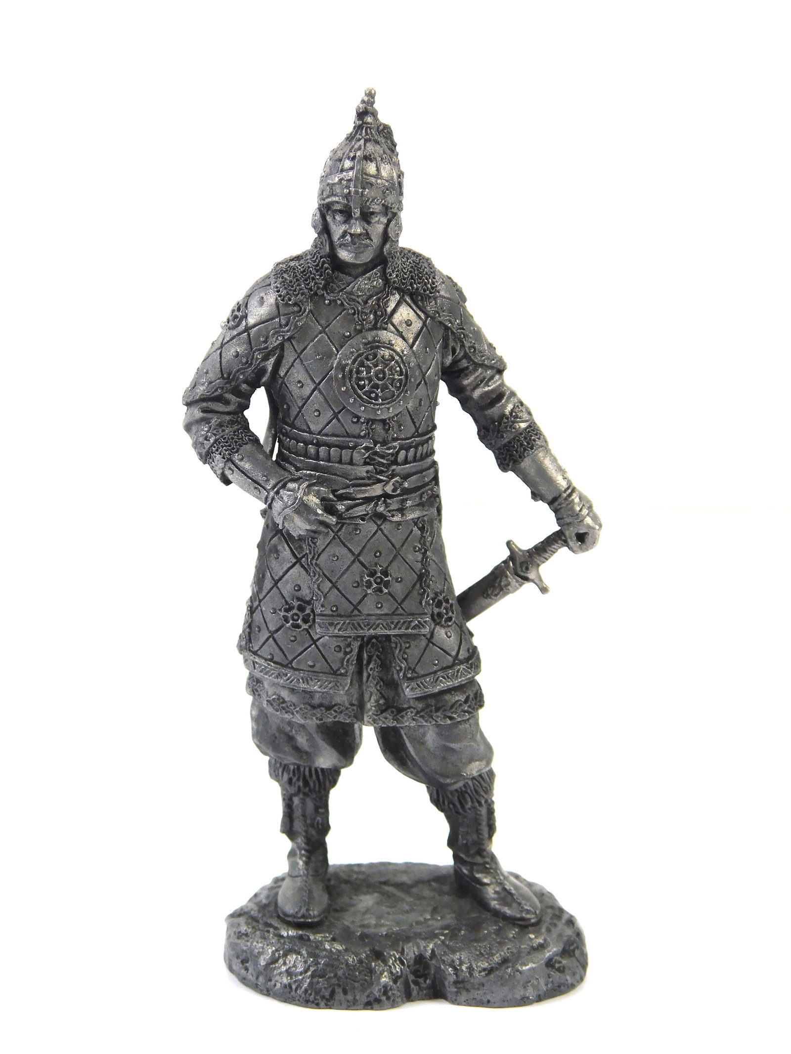1975 European EK Castings Unpainted Tin Toy Soldier 14C Tatar Mongol Noble Warrior Mini Figurine: Vintage 1970s European EK Castings Unpainted Tin Toy Soldier, 14th Century Tatar Mongol Noble Warrior, large 75mm, marked on the bottom.