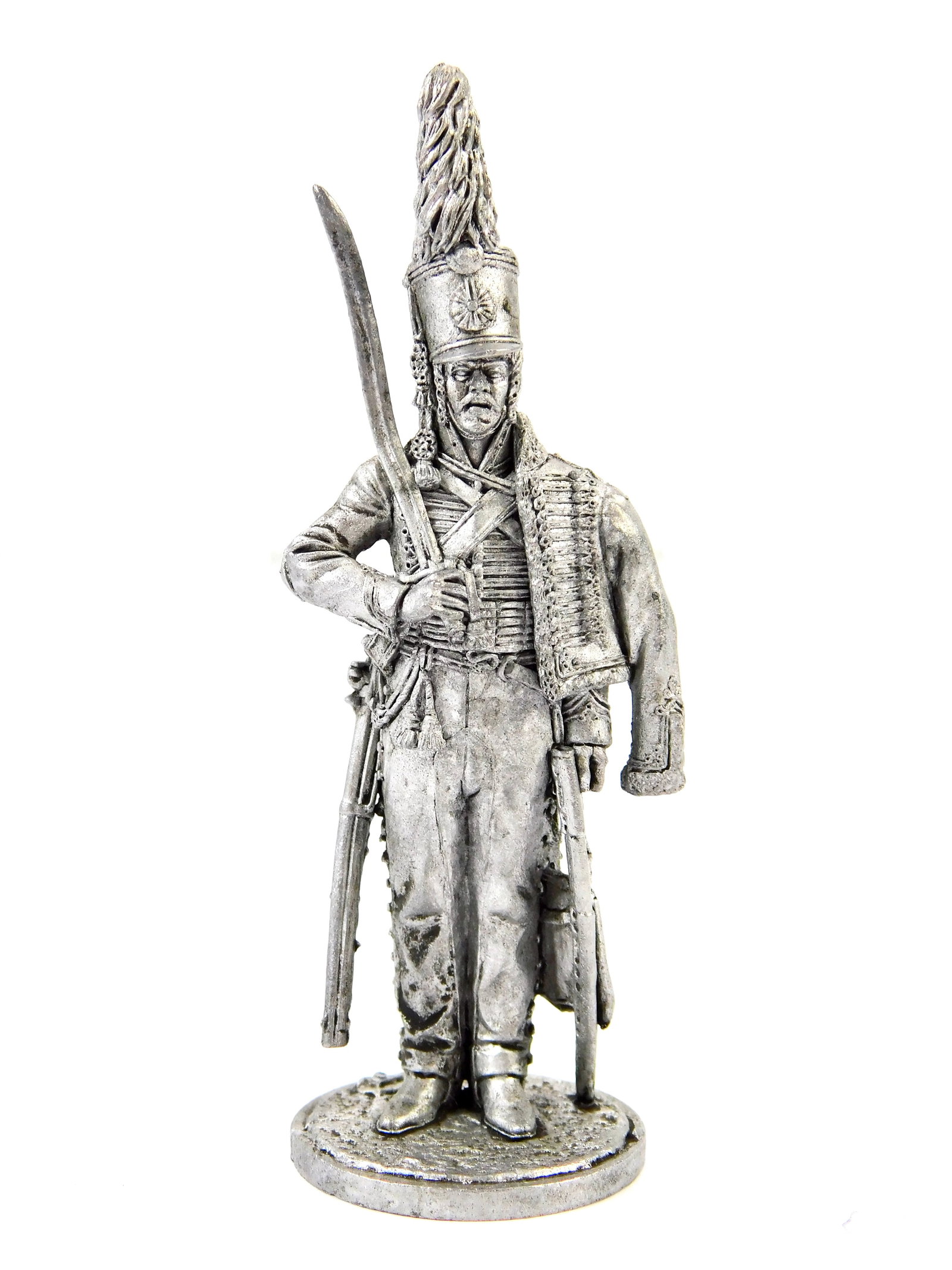 1970 European EK Castings Unpainted Tin Toy Soldier Napoleonic Officer Guard Russian Hussar: Vintage 1970s European EK Castings Unpainted 1:32 Scale Tin Toy Soldier, Napoleonic Officer Guards Russian Hussars (1802-1809). marked on the top and bottom.